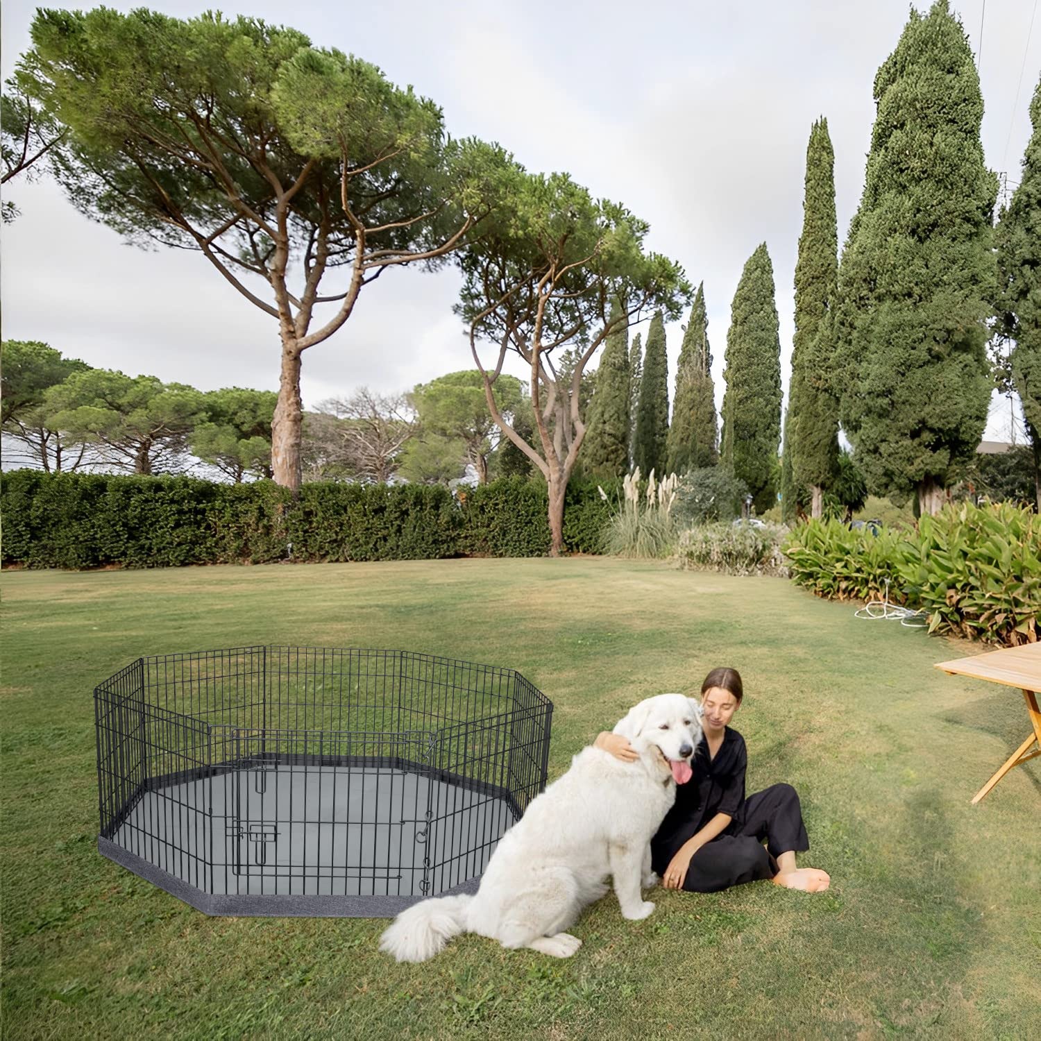 PETIME Foldable Metal Dog Exercise Pen, 8 Panels, 24" W x 36" H, Gray, Indoor/Outdoor Playpen with Bottom Pad