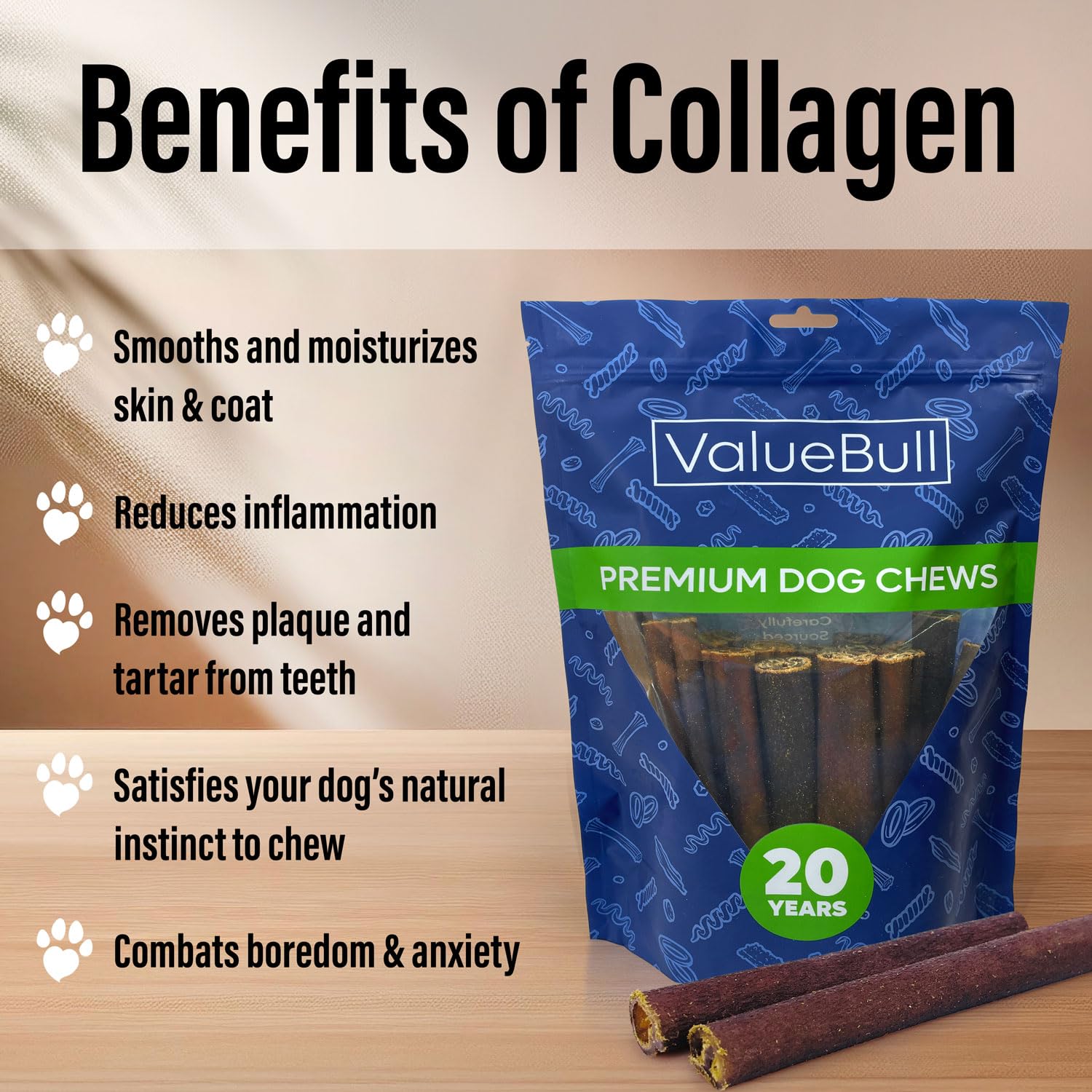 ValueBull USA Collagen Sticks for Dogs, 6 Inch Jumbo Chews, Natural Long-Lasting Dog Treats, 100 Count Bulk Pack - Supports Join