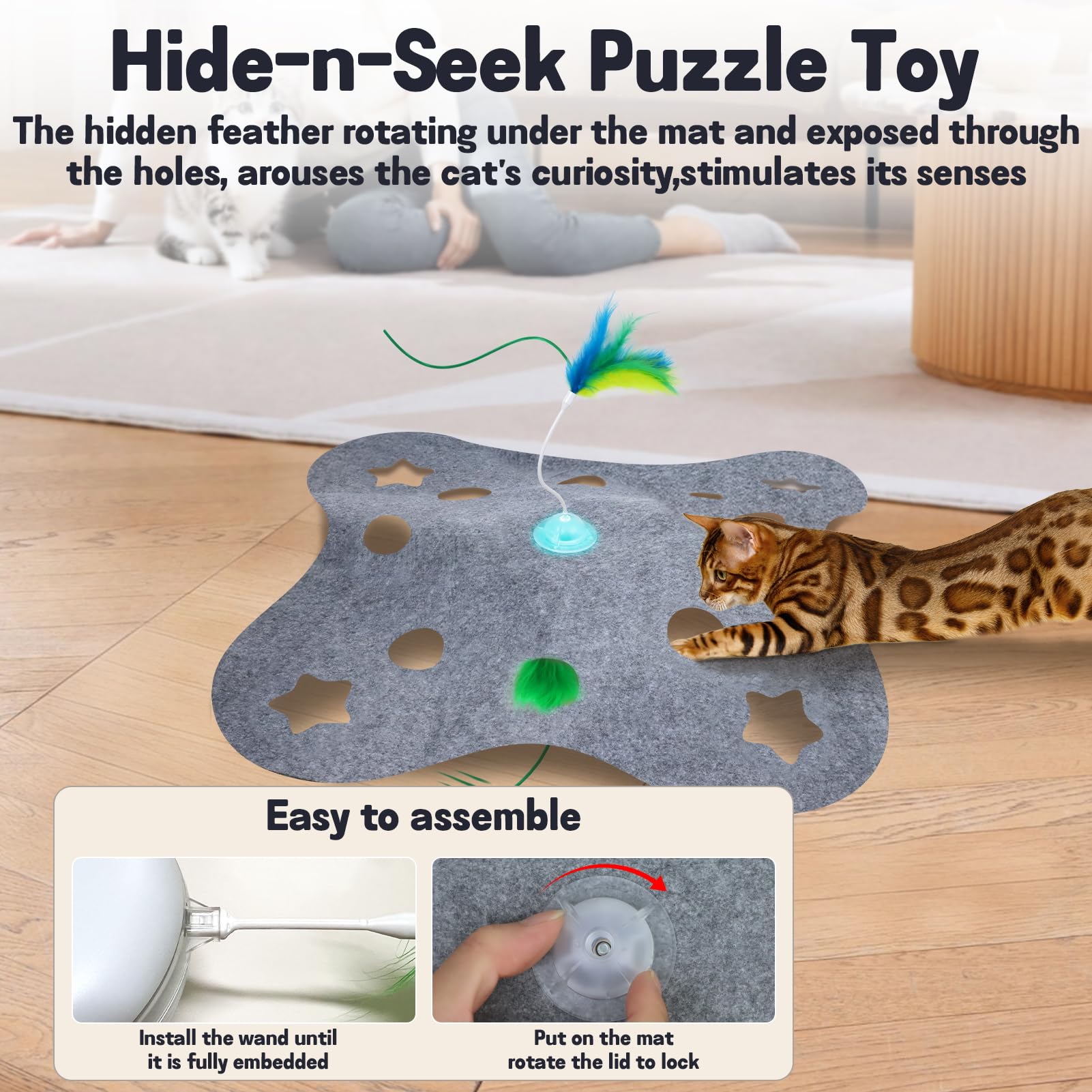 Waaiio Cat Toys for Indoor Cats,Interactive Toy Hide n Seek for Kittens,Automatic Moving Wand Feather,Motion Activated Exercise