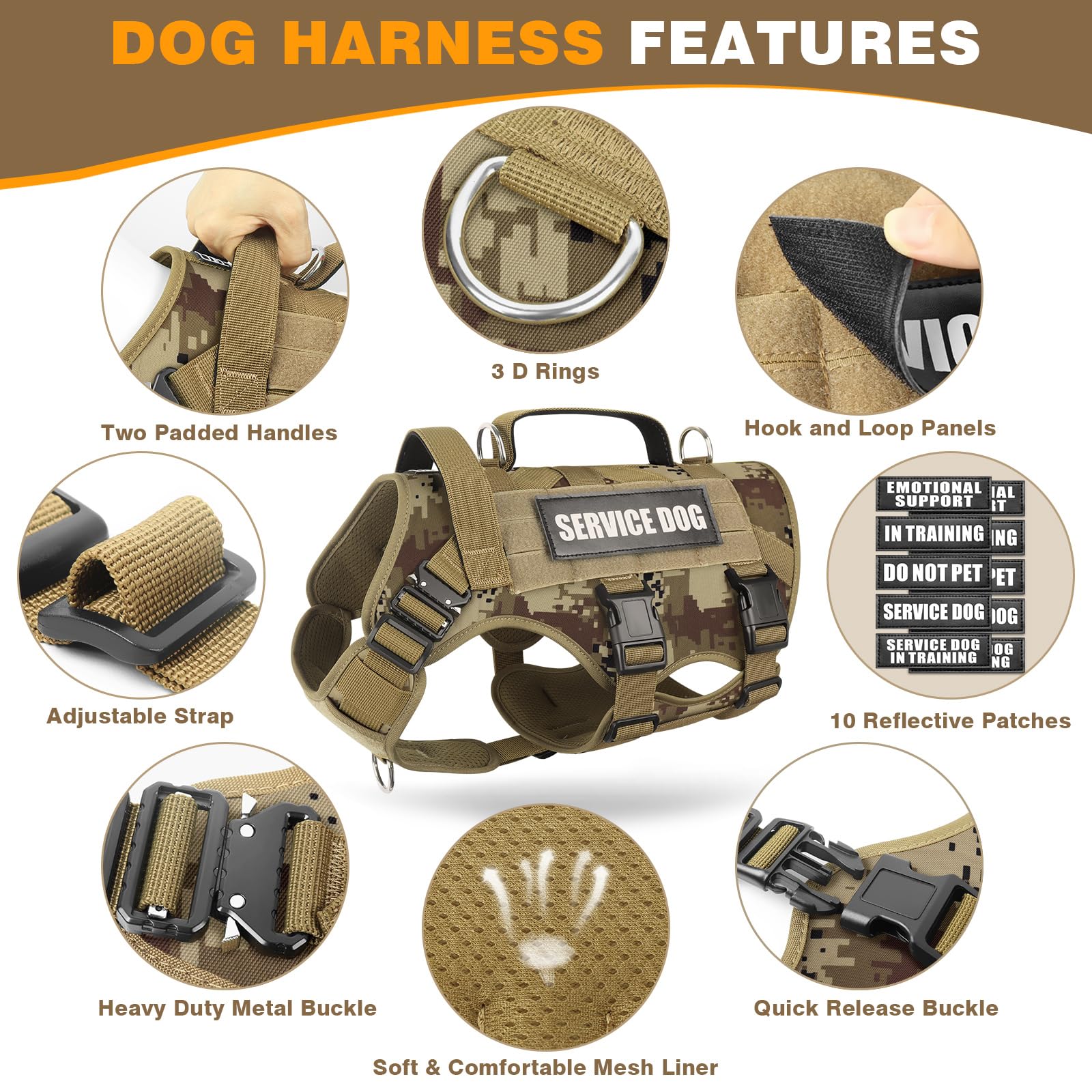 Winsee Service Dog Vest Harness For Large Dog, Tactical Working Molle Vest With 10 Pet Patches, No Pull Heavy Duty Harness For T