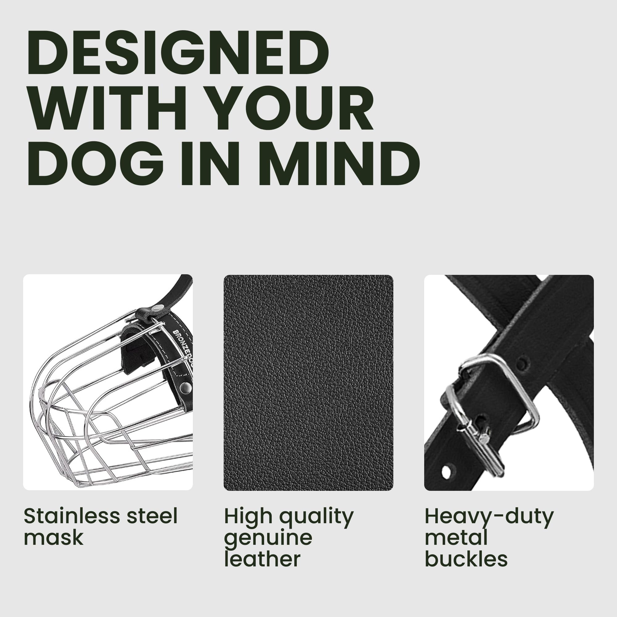 Bronzedog Dog Muzzle Adjustable Durable Metal Wire Basket For Large And Extra Large Dogs With Leather Straps Breathable, Drinkable, Training, Prevents Biting (Stainless Steel, Husky & Doberman)