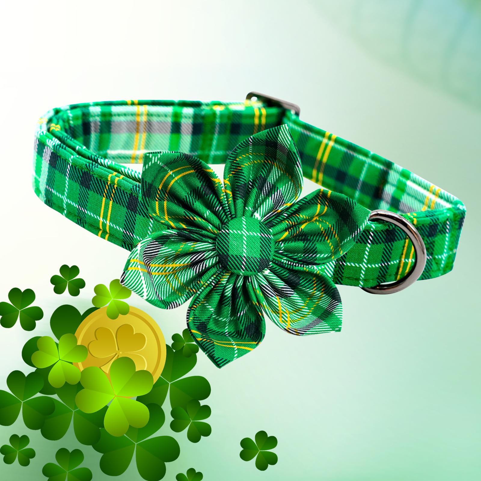 Lionheart Glory St. Patrick'S Day Collar For X-Large Dogs - Green Plaid, Flower Pet Collar Bows