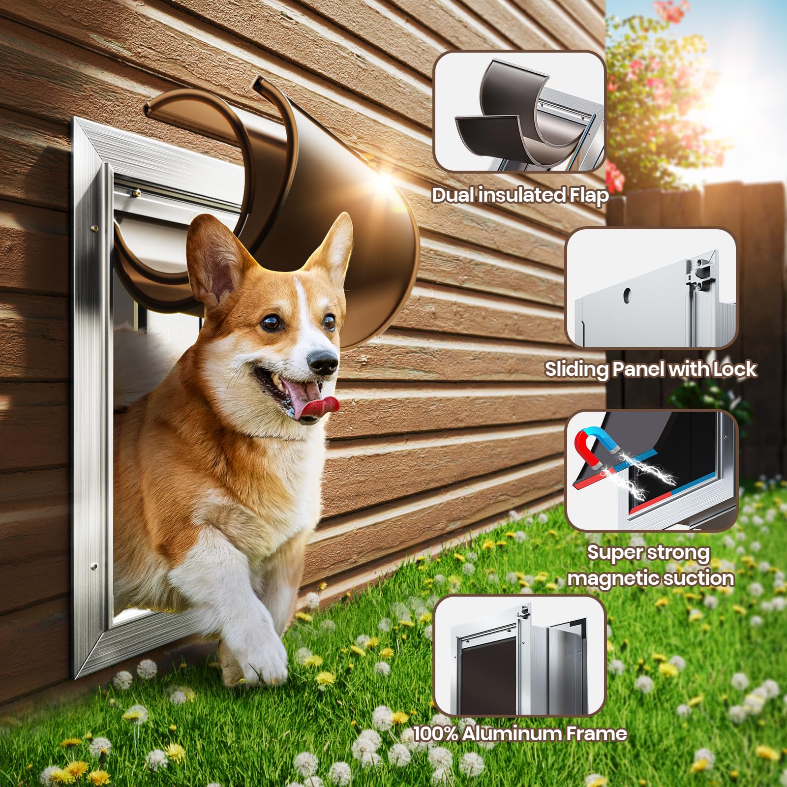 VOSOIR Medium Dog Door for Wall - Heavy Duty Aluminum, Silver, 2 Magnetic Flaps, Energy Efficient, Model VDD001-M