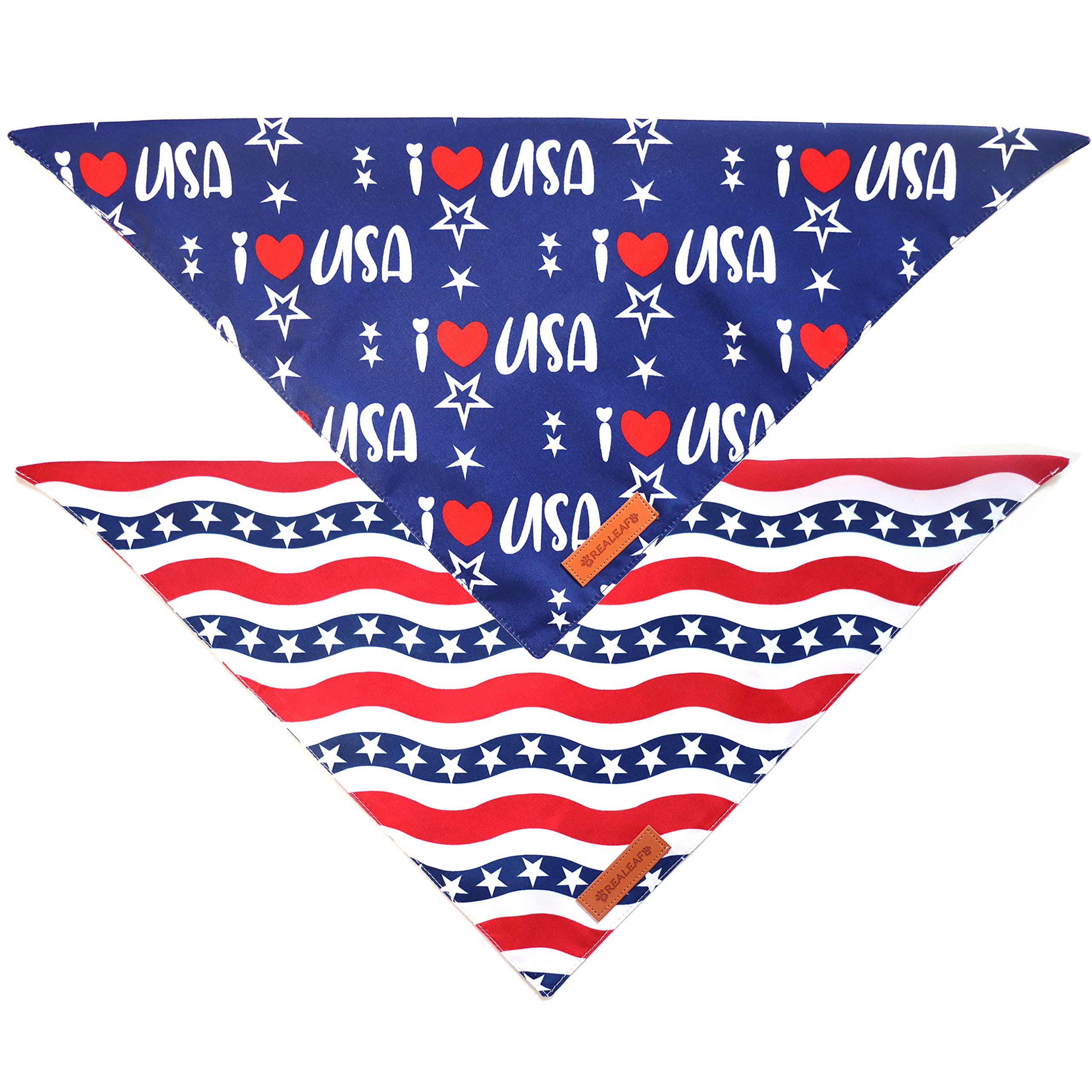 Realeaf 4Th Of July Bandanas 2 Pack, Triangle Reversible American Flag Pet Patriotic Scarf For Boy And Girl, Premium Durable Fab