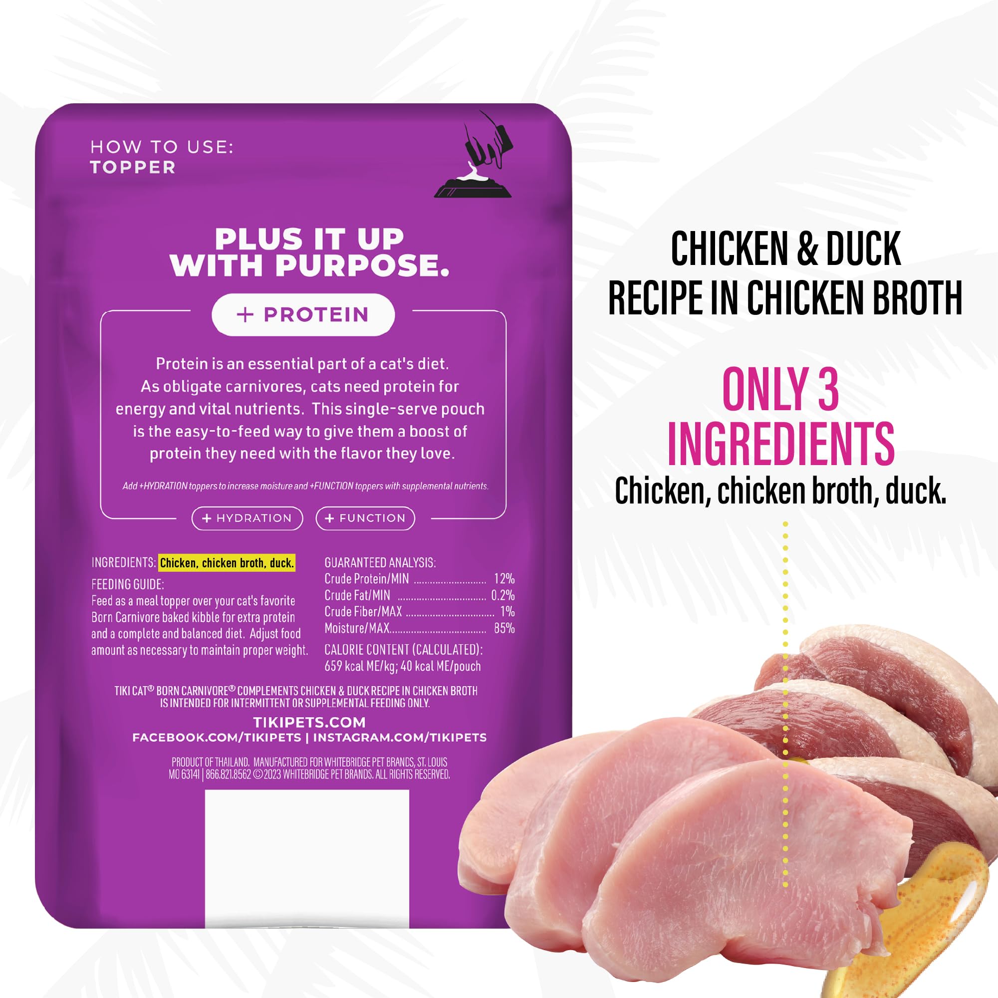Tiki Cat Born Carnivore Complements Wet Cat Food Topper, Chicken & Duck 2.1 oz. Pouch (12 Count)