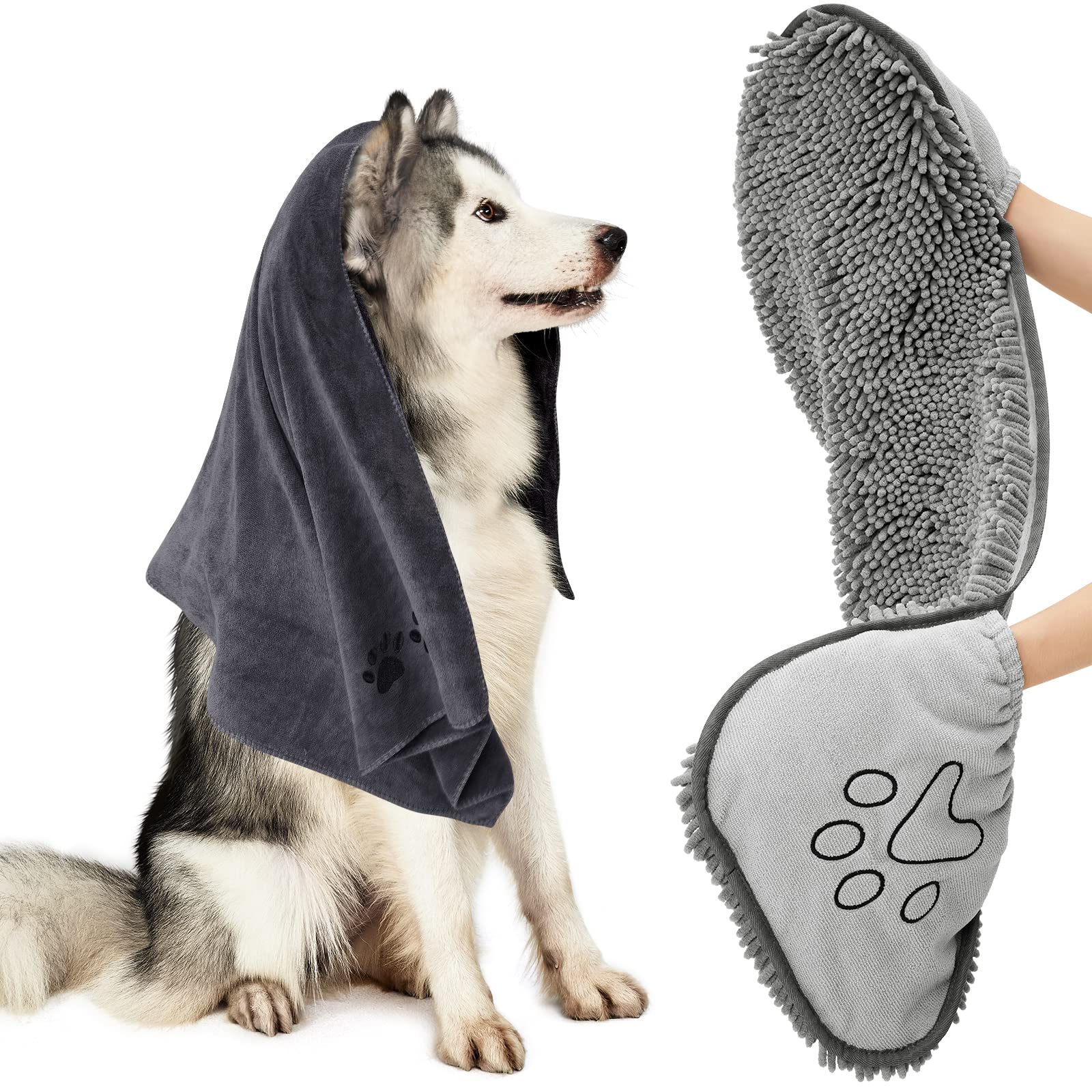 HOMEIDEAS 2 Pack Dog Towels Set, Chenille and Microfiber, Super Absorbent Soft Bath Shammy Towel with Hand Pockets for Pets Dryi