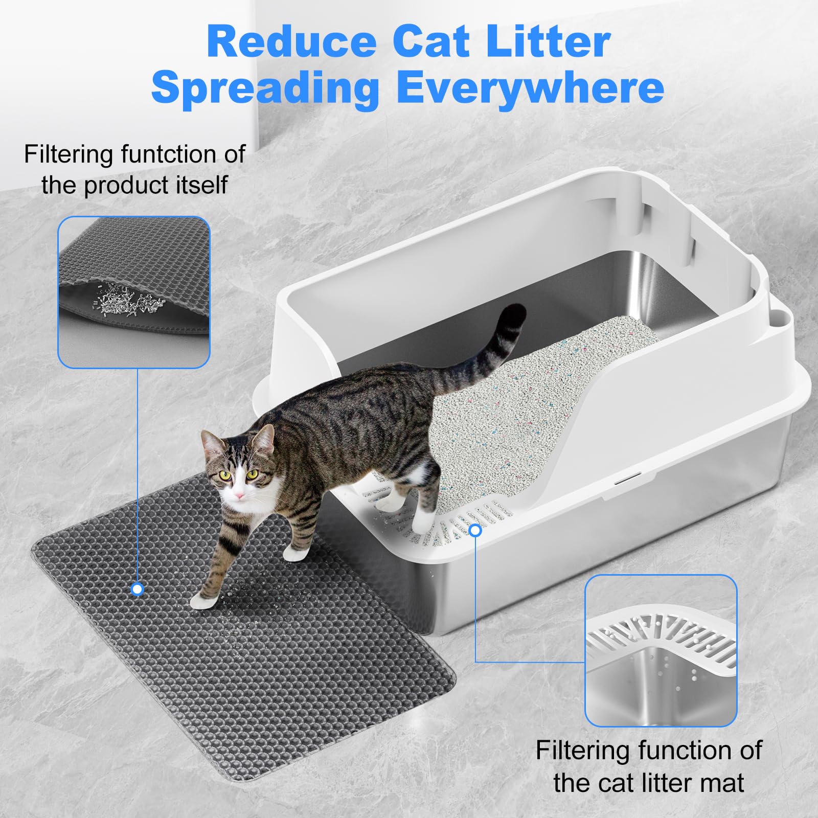 Stainless Steel Litter Box With Lid, Xl Extra Large Metal Litter Box For Big Cats, With High Sided, Anti Leakage,Odor-Free & Eas