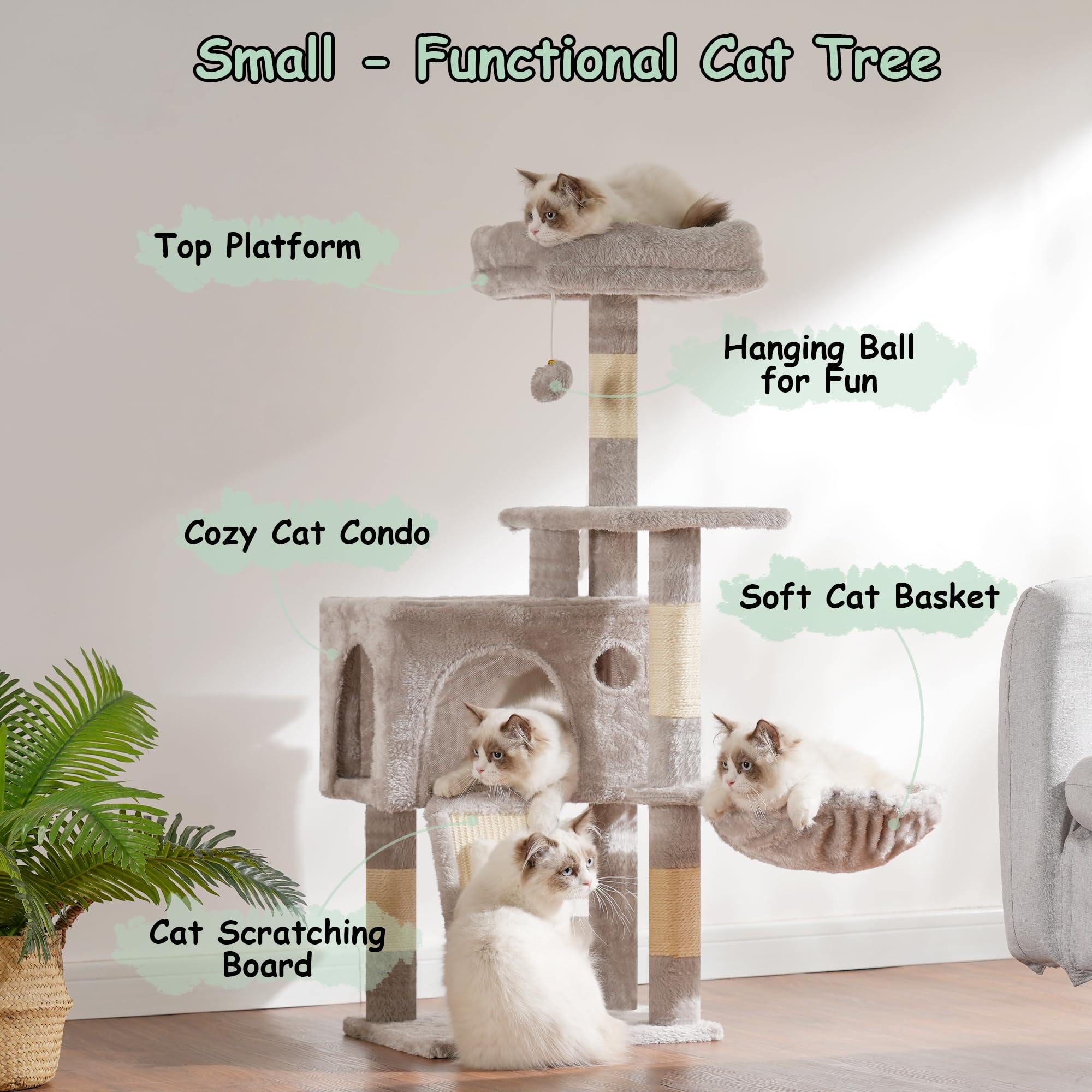 Gitelsnour Cat Tree, Multi-Level Cozy Condo with 2 Perches, Hammock, Scratching Board, 41.3" Light Gray, Model GCT005SW