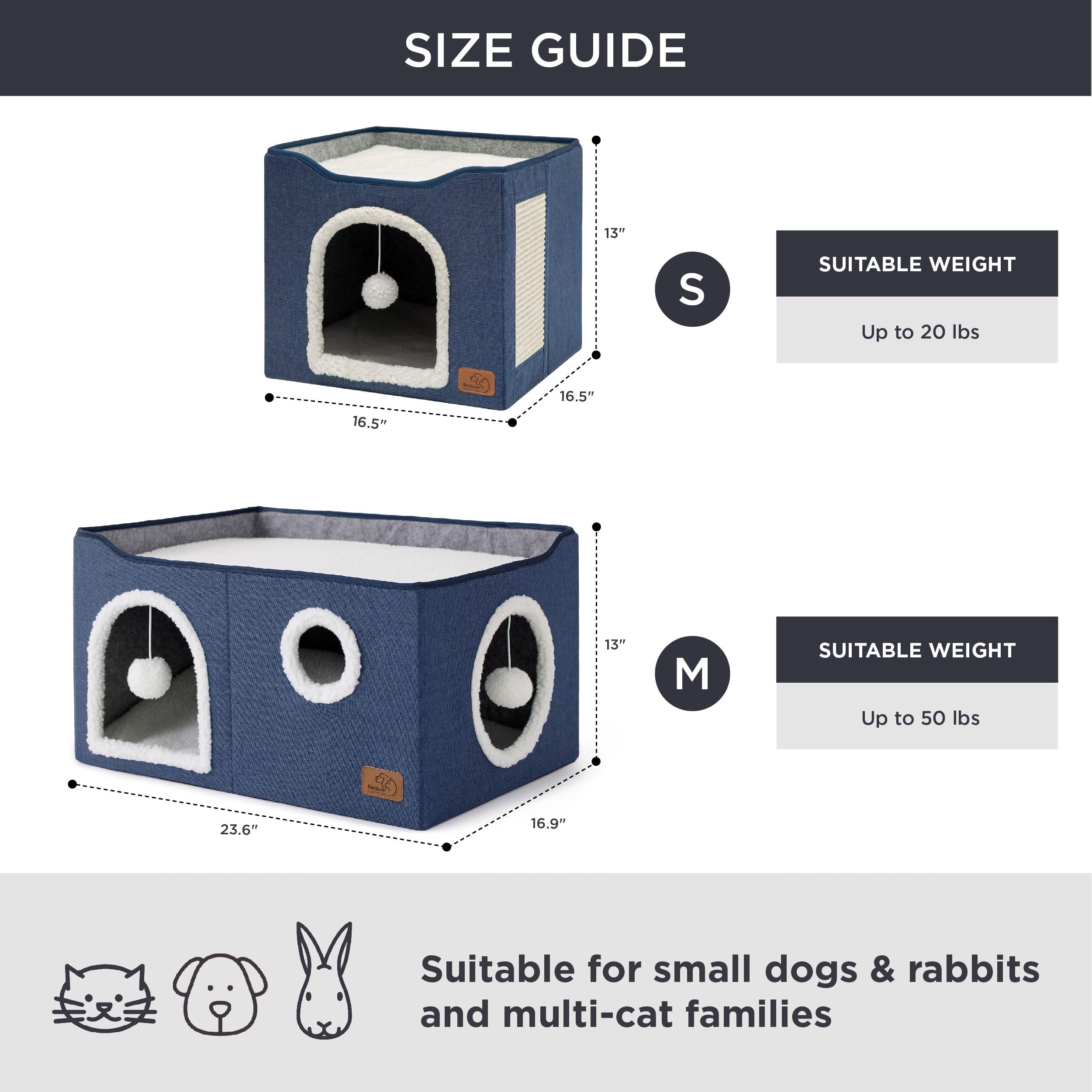Bedsure Extra-Wide Cat House For Indoor Cats - Large Cat Cave For Pet Cat House With Fluffy Ball Hanging And Scratch Pad, Foldable Cat Hideaway For Multi Cats, 23.6X16.9X13 Inches, Blue