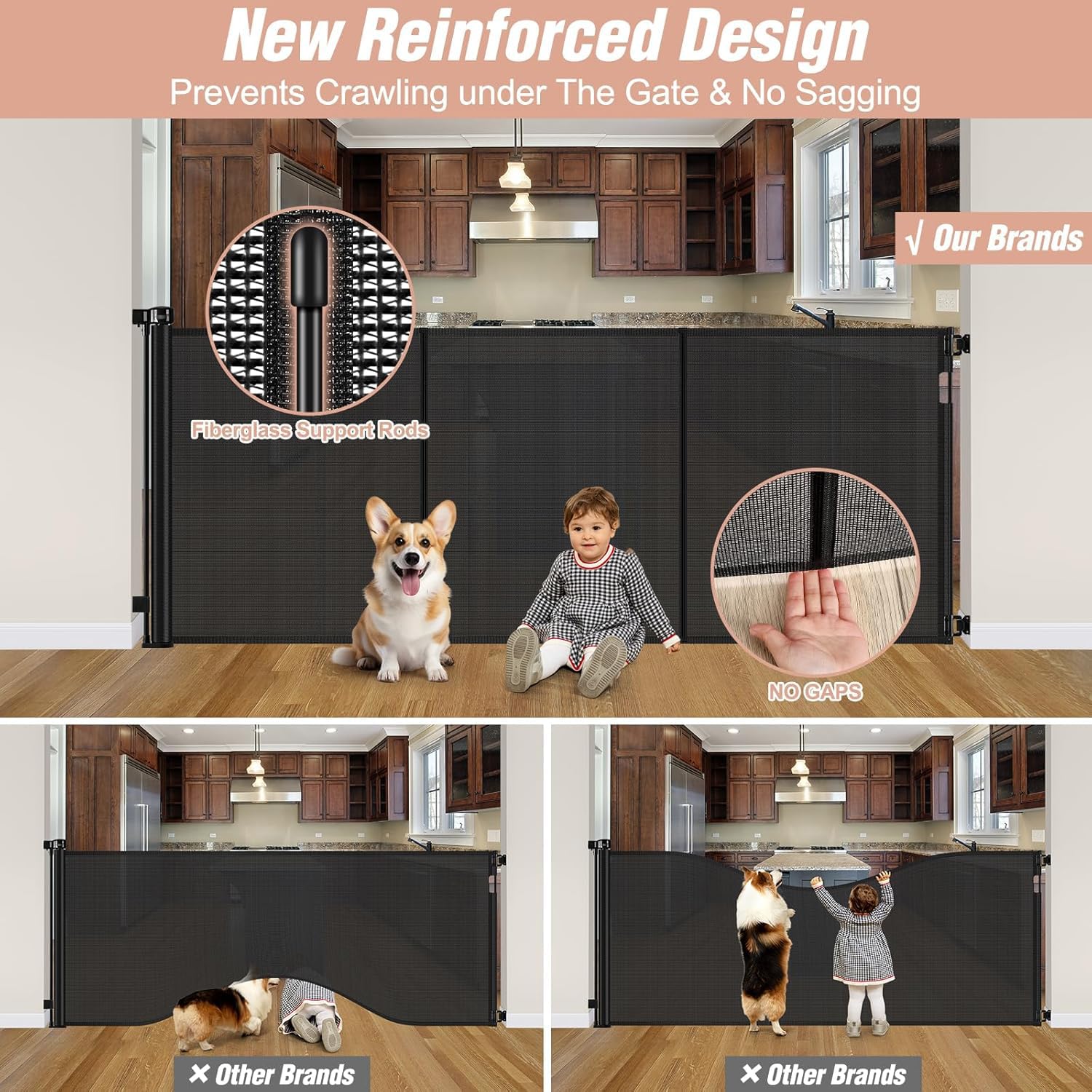 Reinforced 42 Tall x 75 Wide Retractable Baby Gate with Support Rods - Prevents Crawling Under Extra Tall Pet Gate Indoor Mesh G