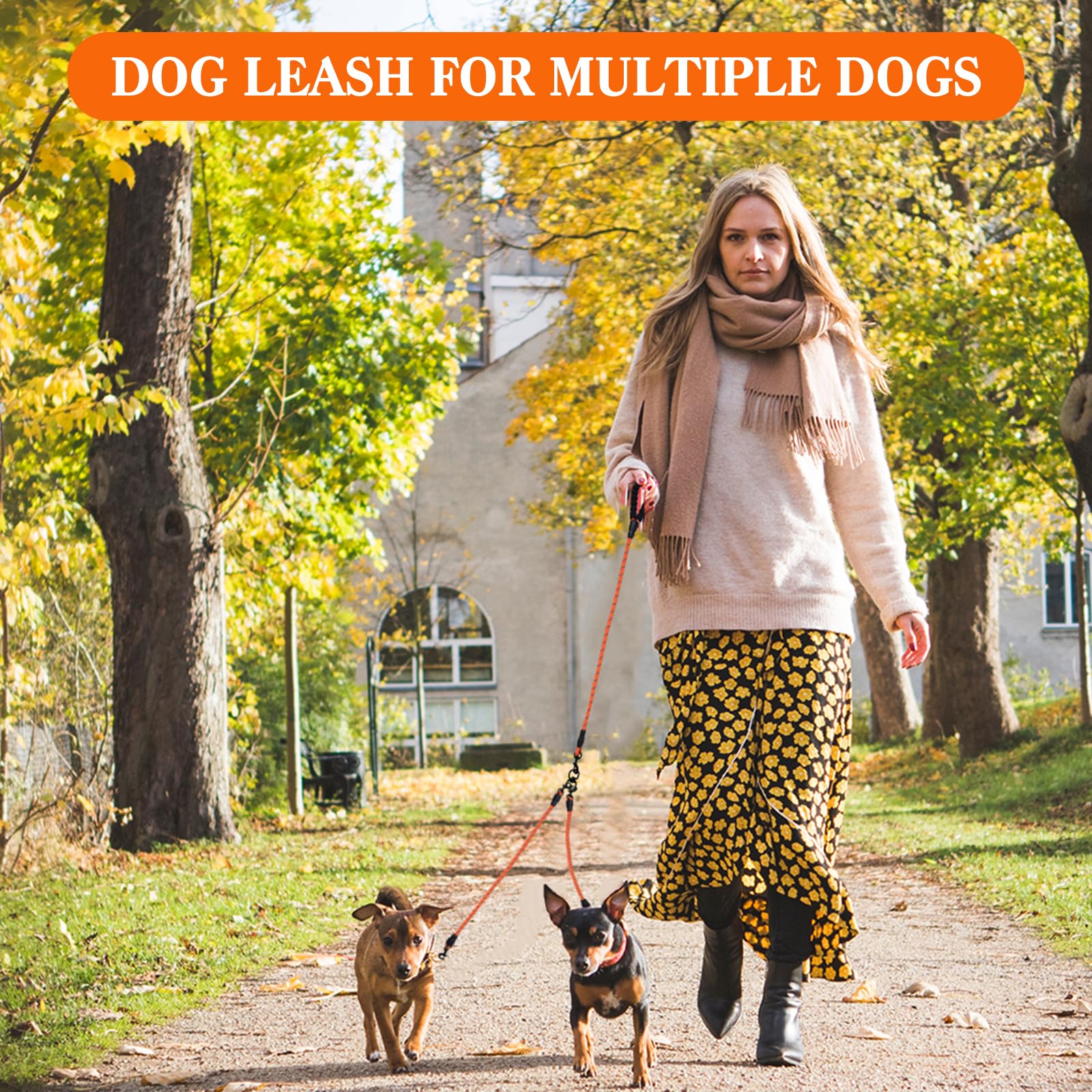 Dual Dog Leash - 2 Way, 360 Swivel No-Tangle Walking Leash For Dual Dogs, Orange Reflective Double Leash