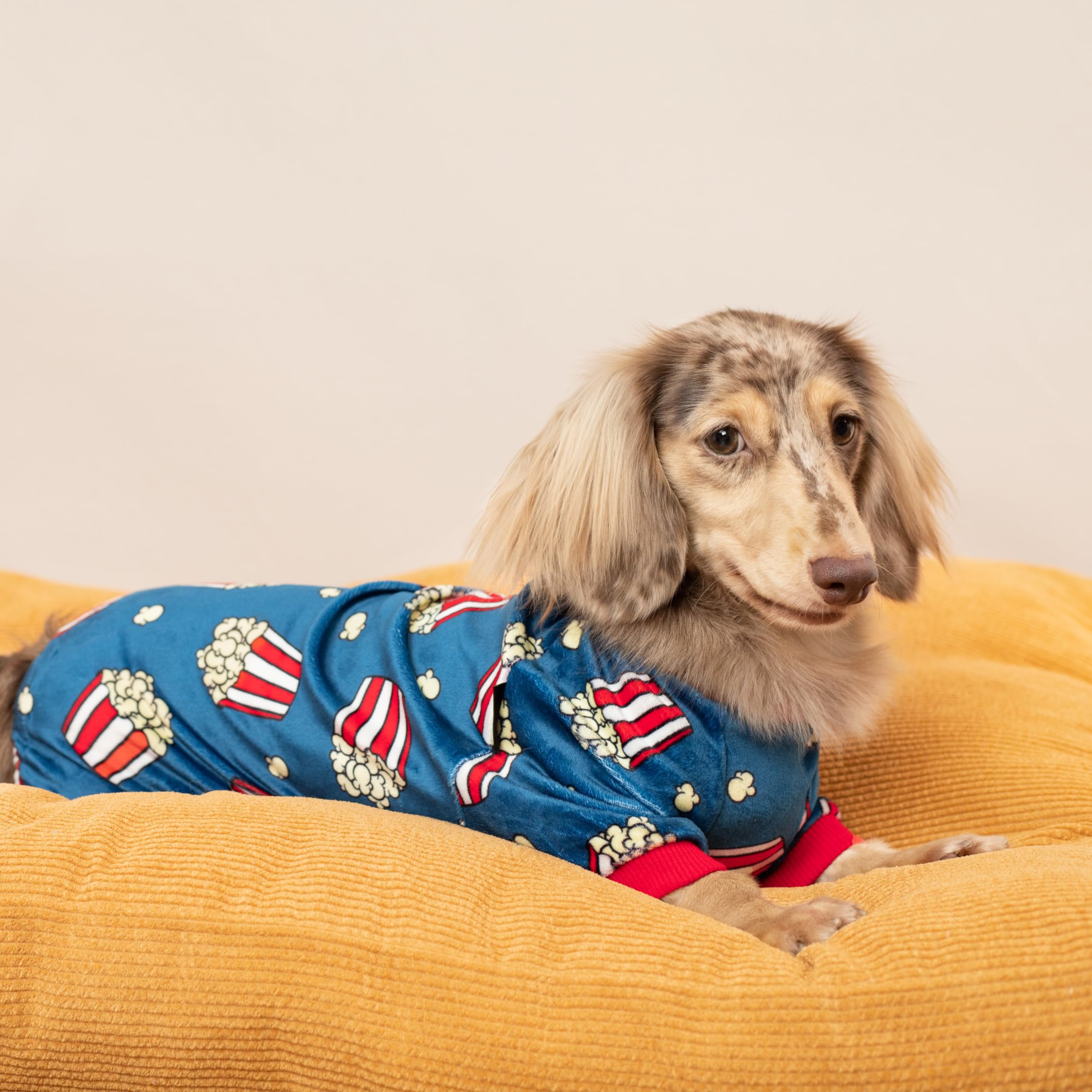 Fitwarm Popcorn Dog Pajamas, Funny Dog Clothes For Small Dogs Boy Girl, Fleece Pet Onesie With Feet, Blue, Red, White, Yellow, M