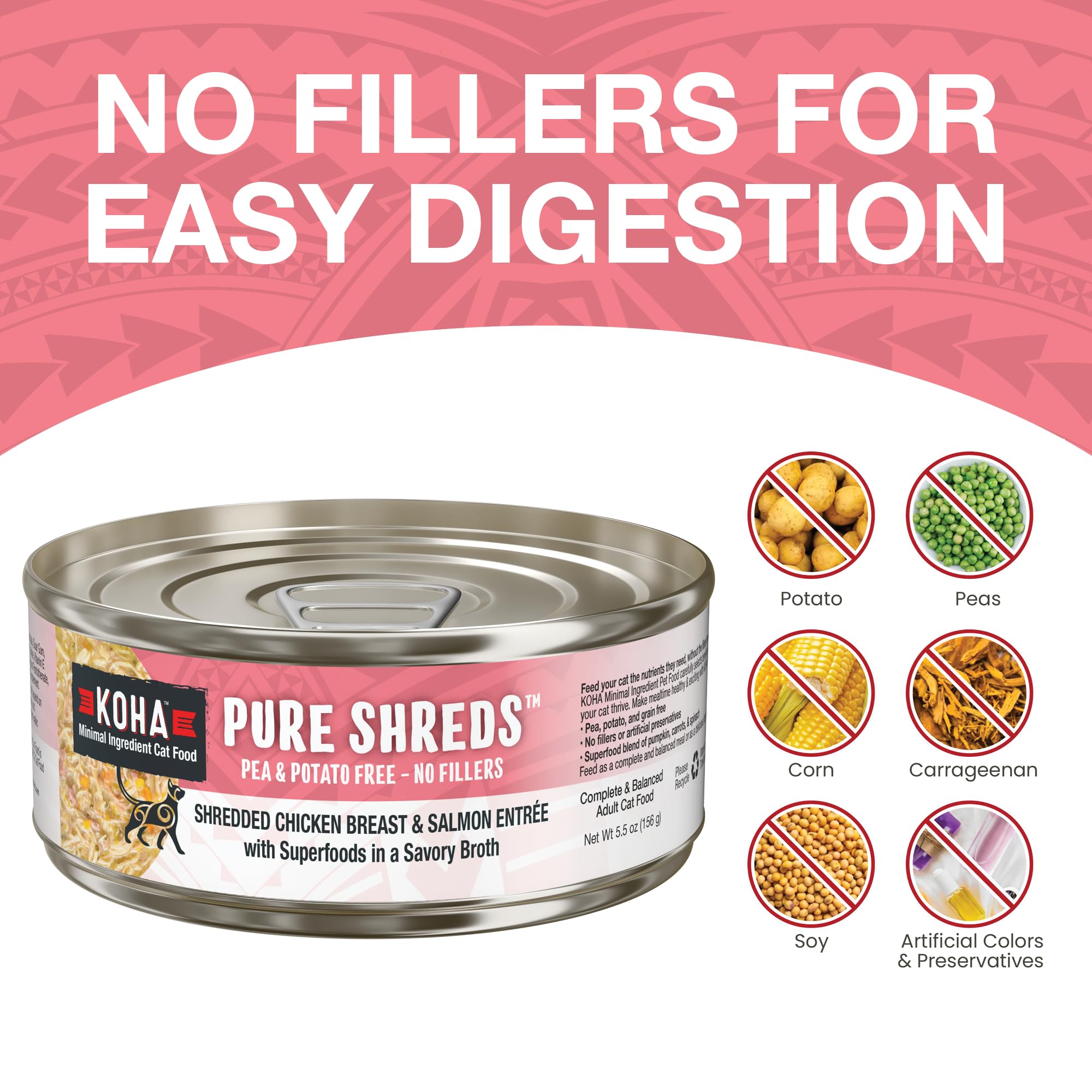 KOHA Pure Shreds Chicken and Salmon Entr  e for Cats, High Protein Wet Cat Food, 2.8oz Cans (Pack of 24)