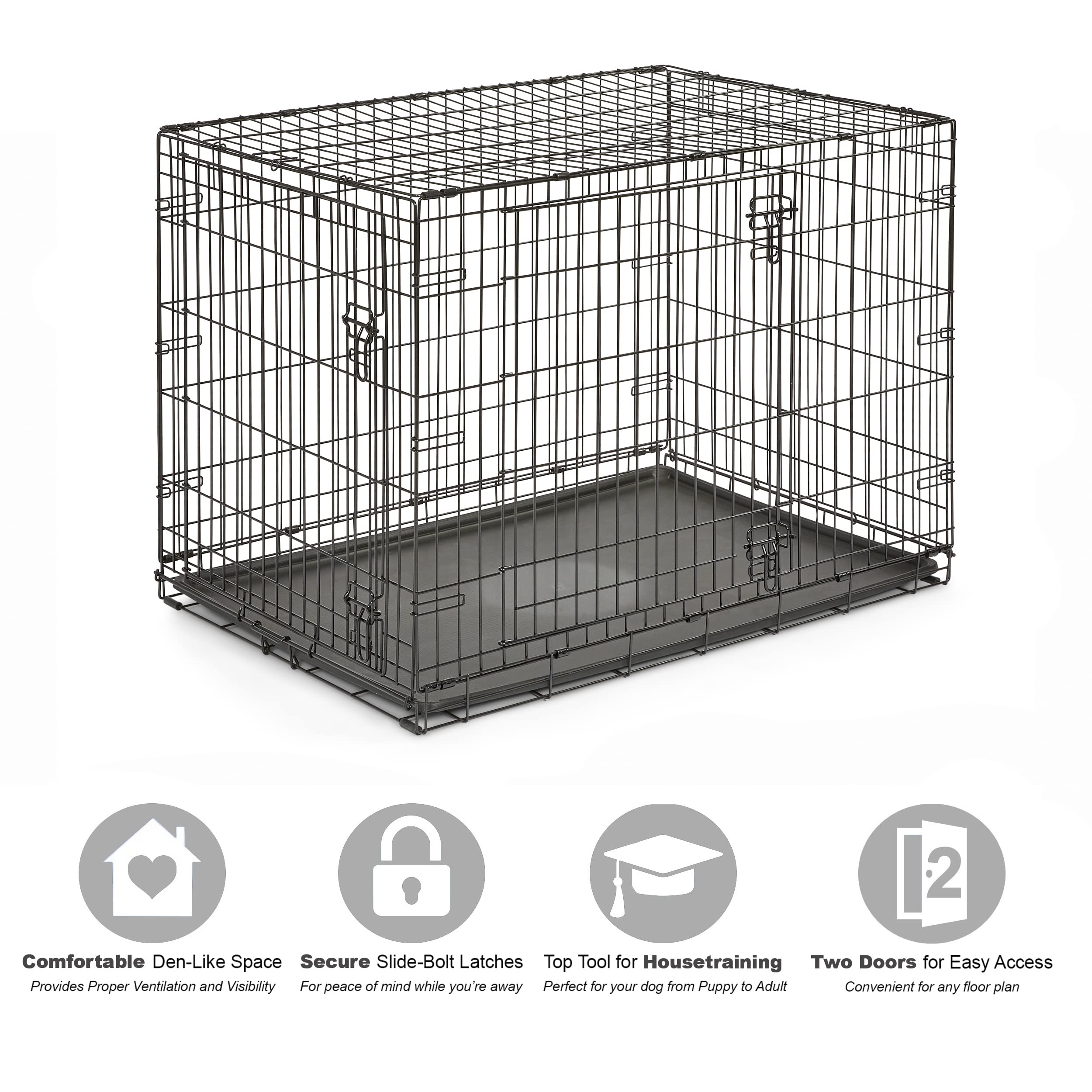 New World Pet Products Dog Crate, 42" L x 28" W x 31" H, Black, Double Door, Leak-Proof Pan, Model B42DD, Enhanced Features