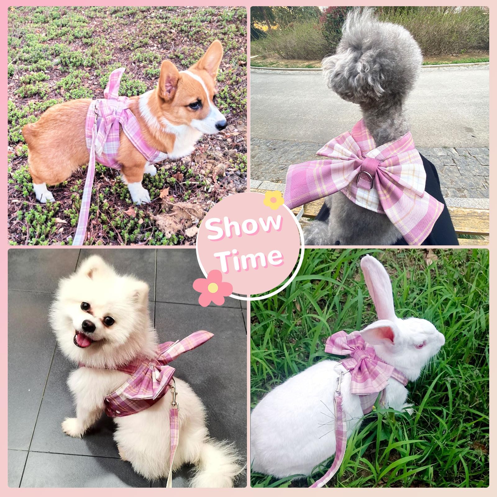Uetzltb Cute Dog Harness And Leash Set With Bow Tie Soft Mesh Plaid Girl Puppy Harness No Pull Pet Cat Dog Vest Harness For Smal