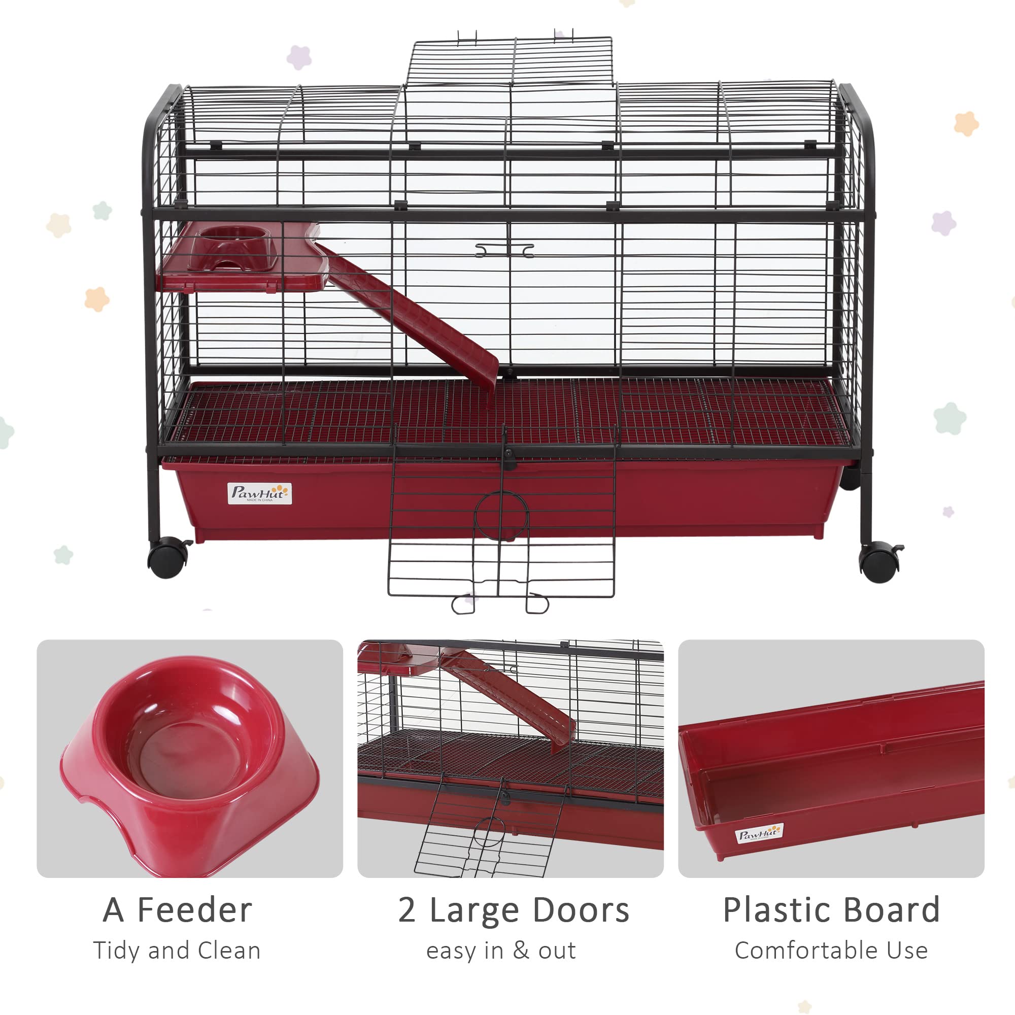 Pawhut 41' L Small Animal Cage Rabbit Hutch Ferret Pet Play House With Feeder, Rolling Wheels, Platform, Ramp