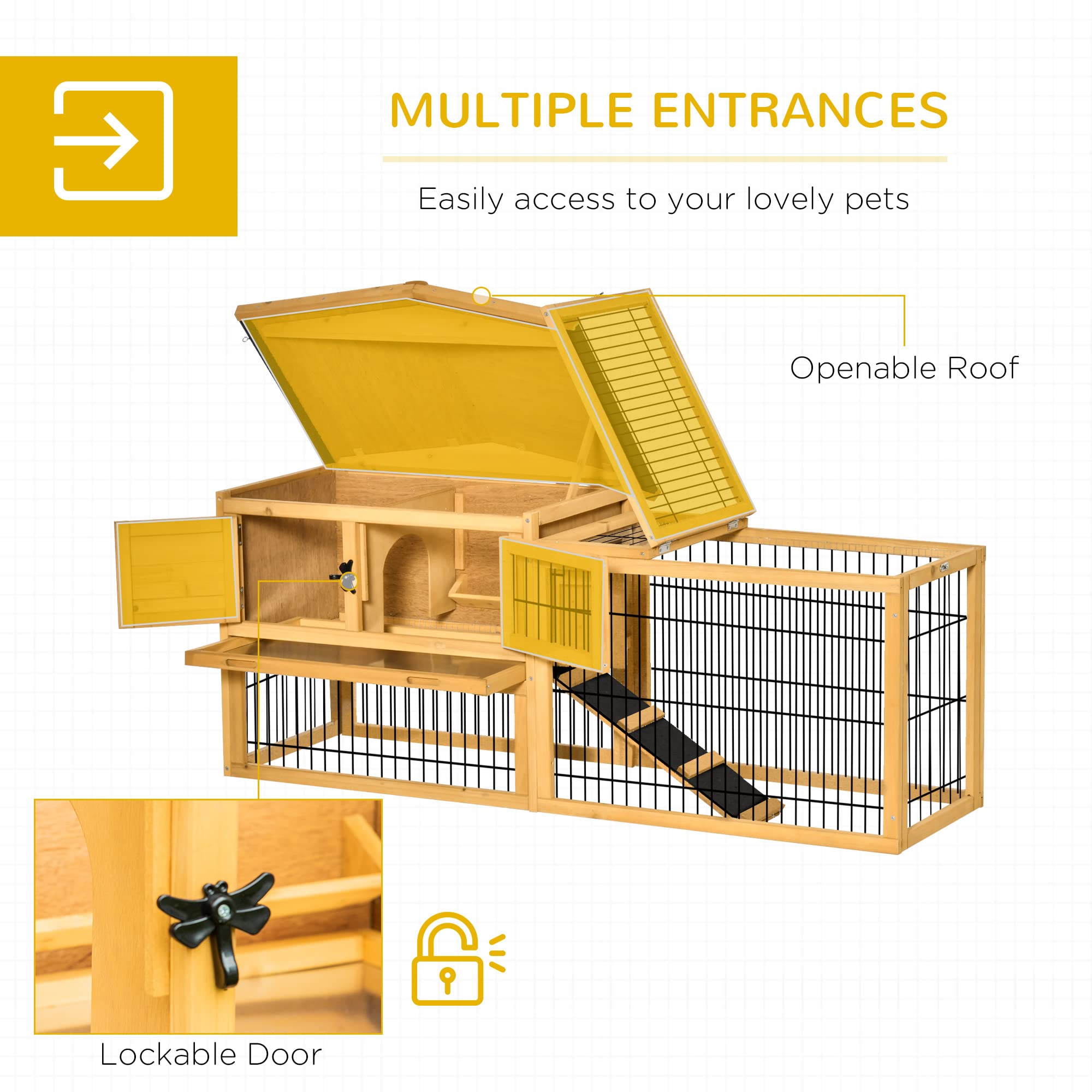 Pawhut Rabbit Hutch, 2 Story Outdoor Bunny Cage With Slide-Out Tray, Run Cage, Openable Top For Rabbits, Guinea Pig, Yellow