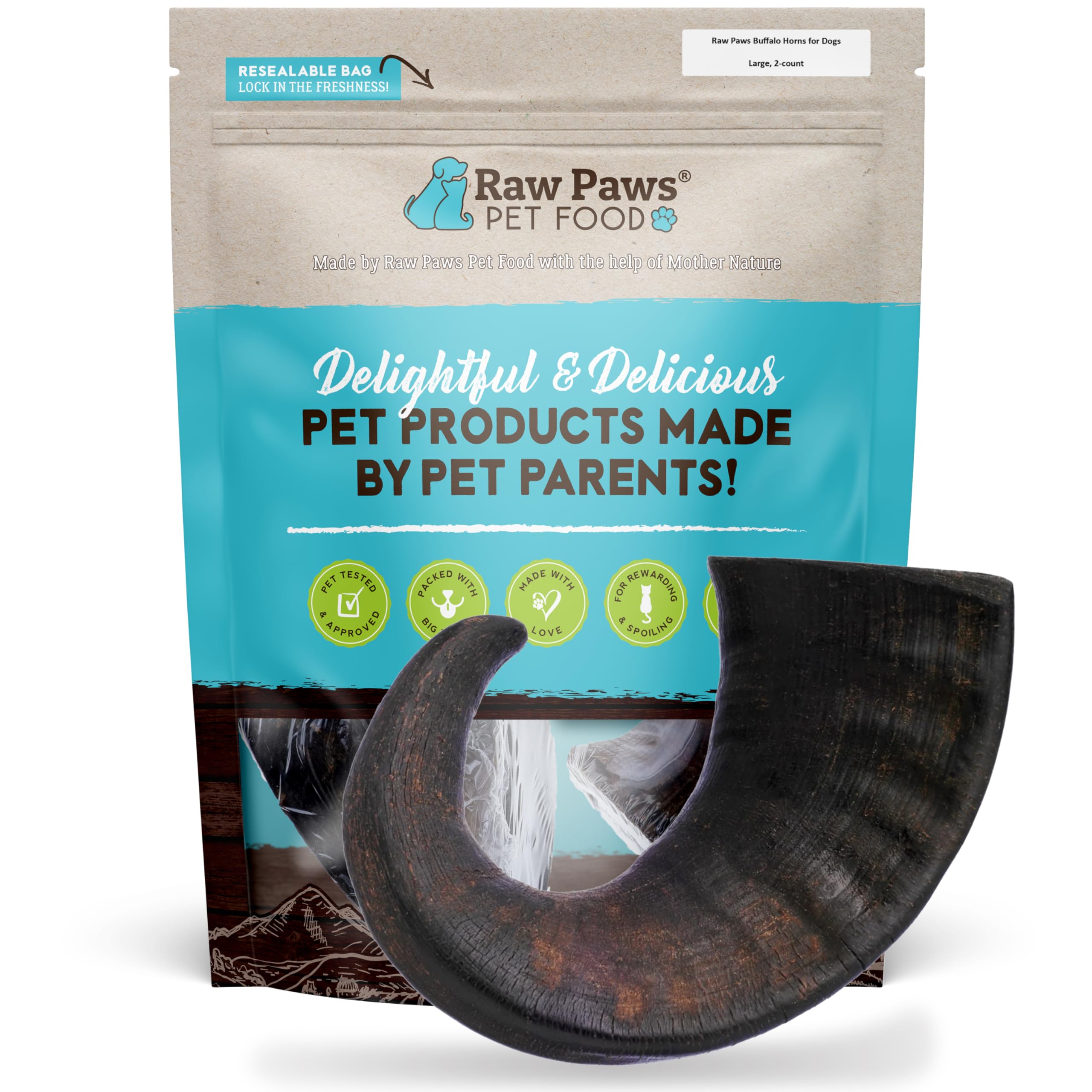 Raw Paws Water Buffalo Horns for Dogs, Large (2 Count) - Packed in USA - Long Lasing & Single Ingredient - Dog Horn Chew for Med