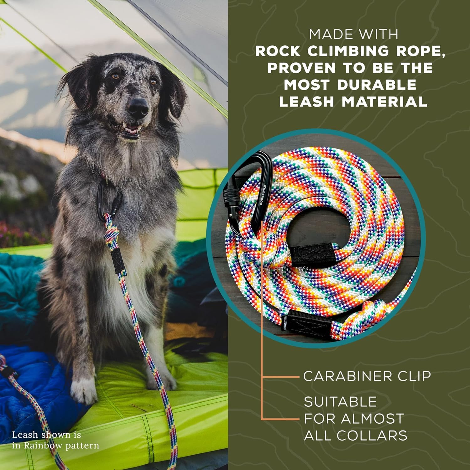 Wilderdog Carabiner Climbing Rope Dog Leash For Medium & Large Dogs - 10Ft - Rainbow