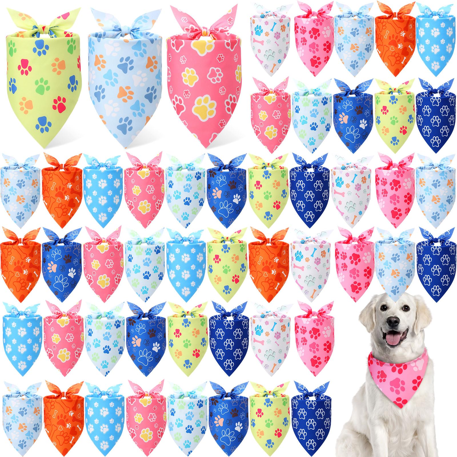 Weewooday 50 Pcs Paw Print Dog Bandanas Bulk Dog Bandanas for Dogs Soft Bibs Adjustable Triangle Bandana for Small Medium Large 