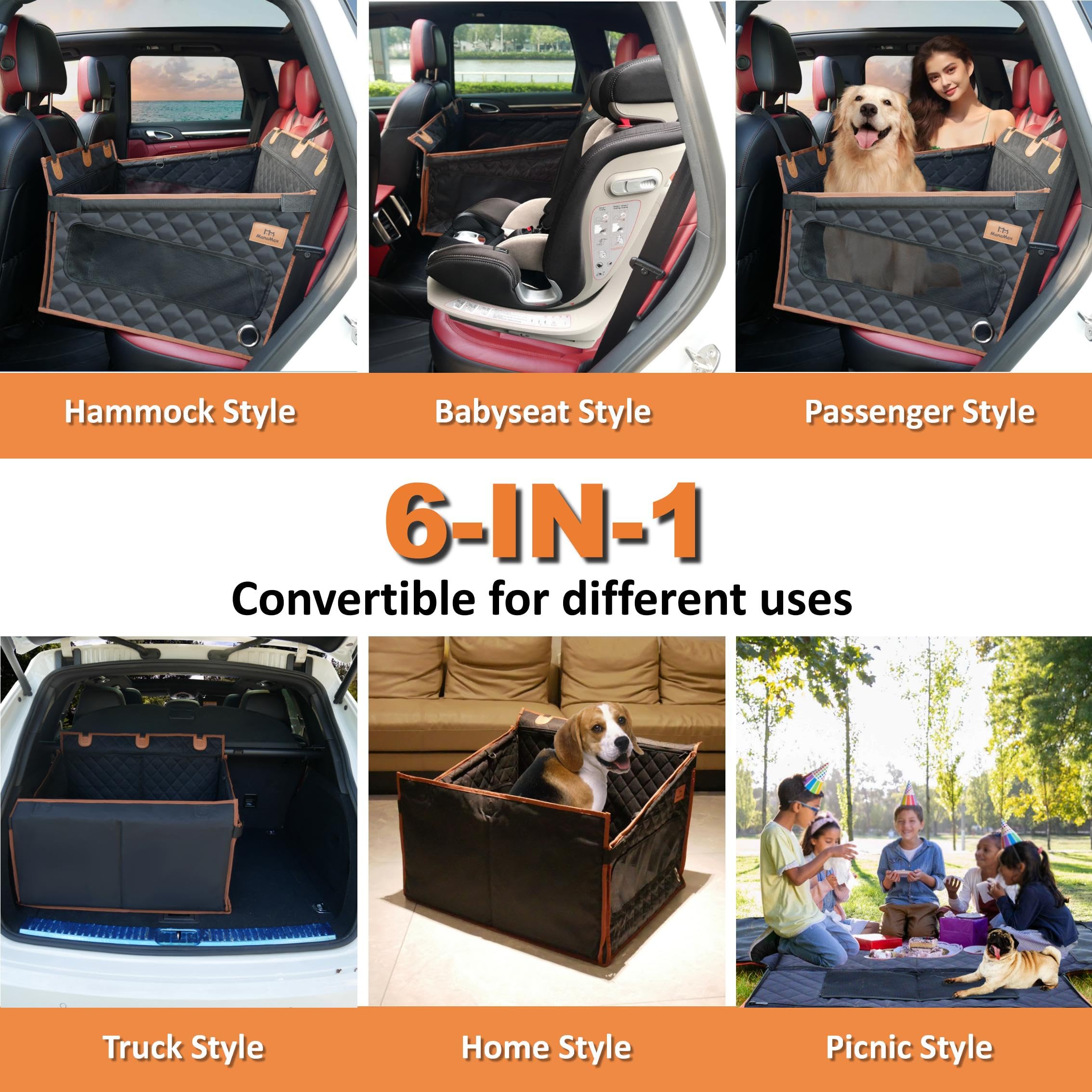 ManaMax Dog Car Seat Cover, Back Seat Extender for Large Dogs, Waterproof Oxford Cloth, Black, Model DCS-L