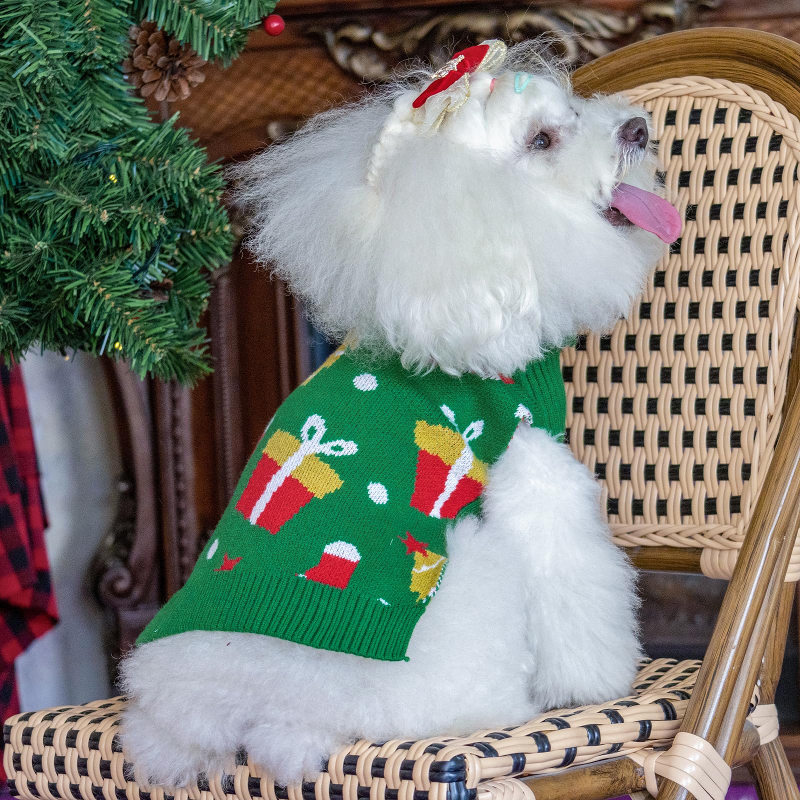 Cutebone Christmas Green Dog Sweater For Medium Large Dogs Tree Knit Puppy Sweater Turtleneck Pet Winter Clothes Cat Apparel Wit