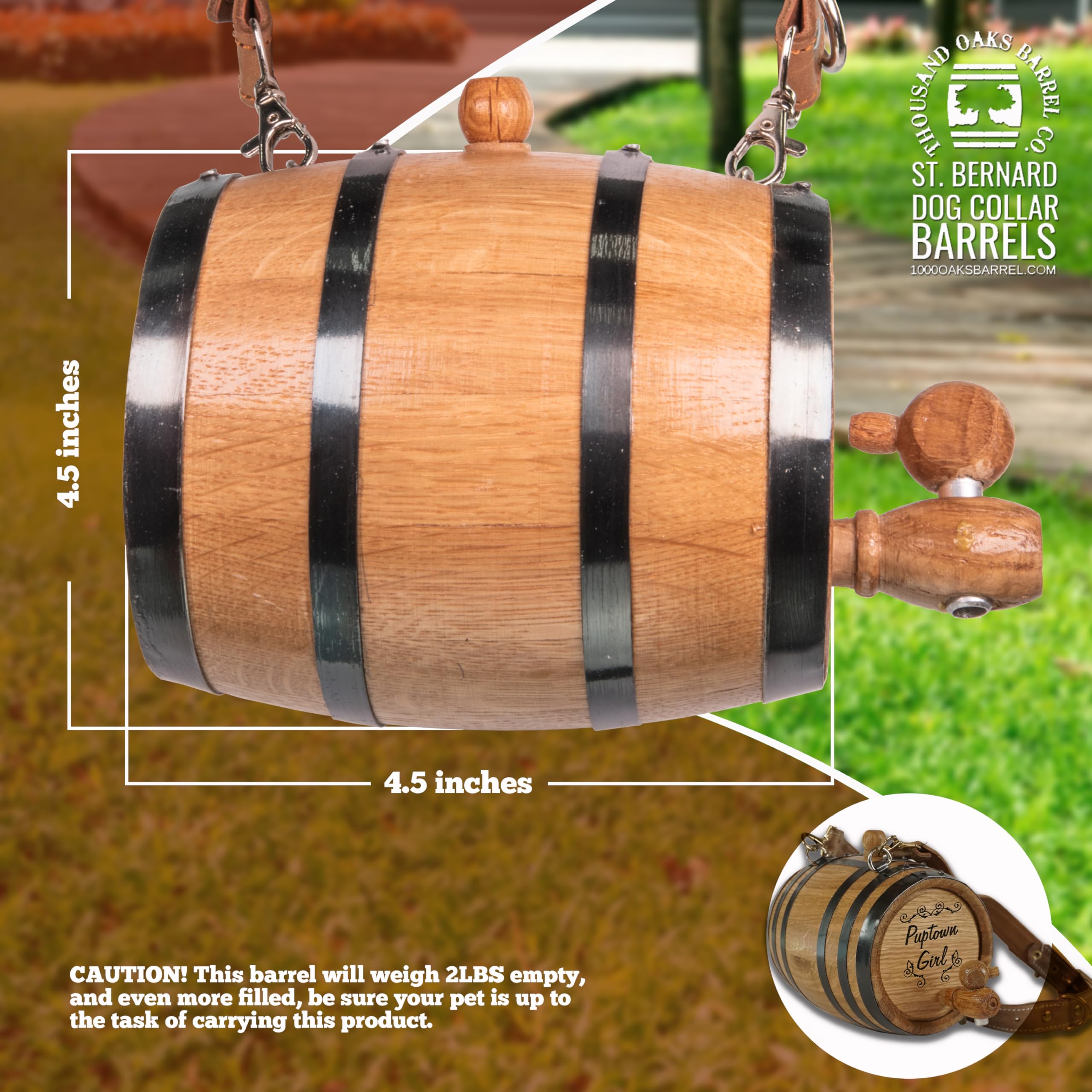 St Bernard Dog Collar Rescue Barrel, With Engraved Design 'Puptown Girl' (1/2 Liter Size Oak Mini Keg With Black Hoops For Pet)