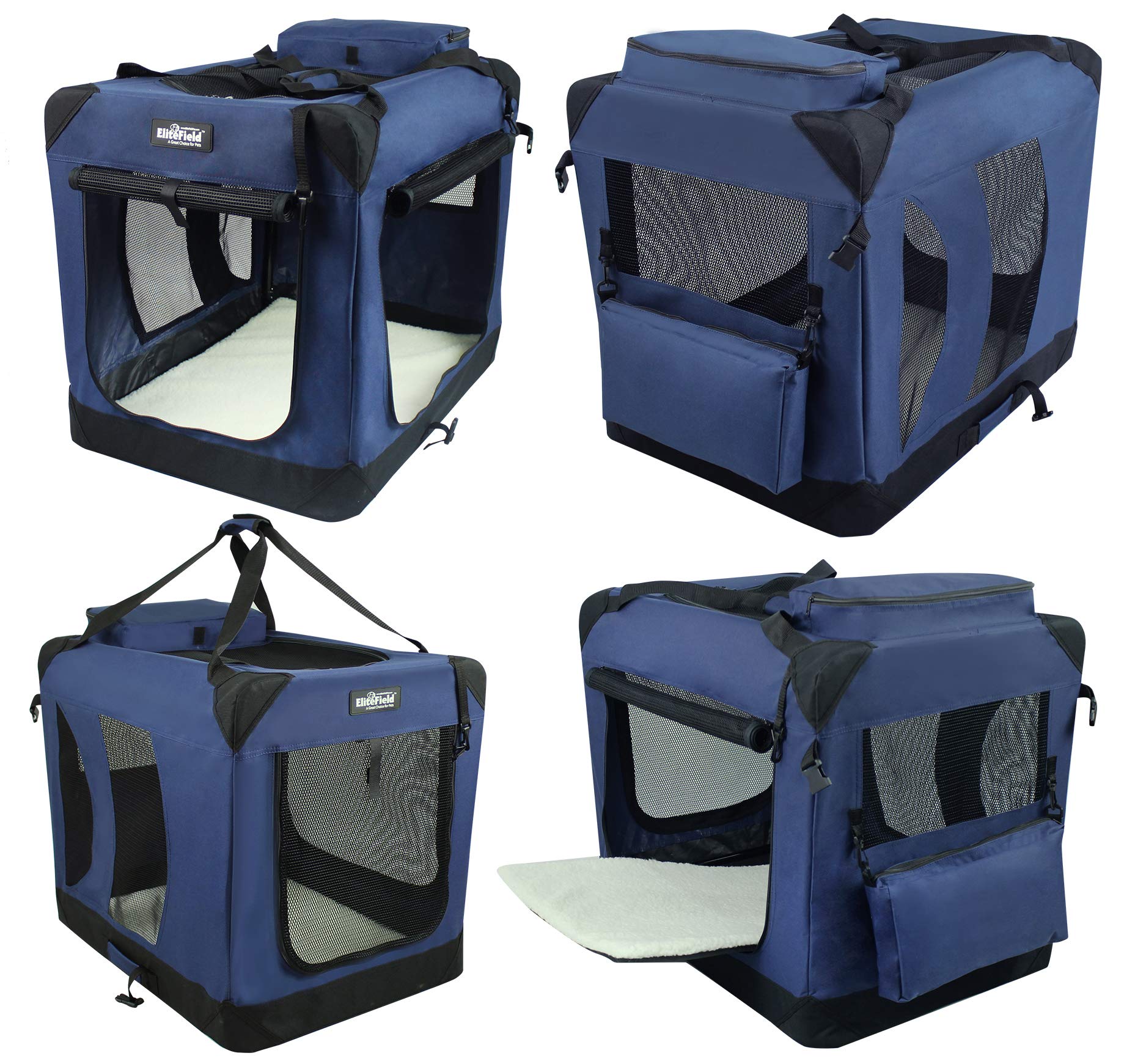 EliteField 3-Door Folding Soft Dog Crate, Navy Blue, 30 L x 21 W x 24 H, Indoor & Outdoor Pet Home with Carrying Bag & F