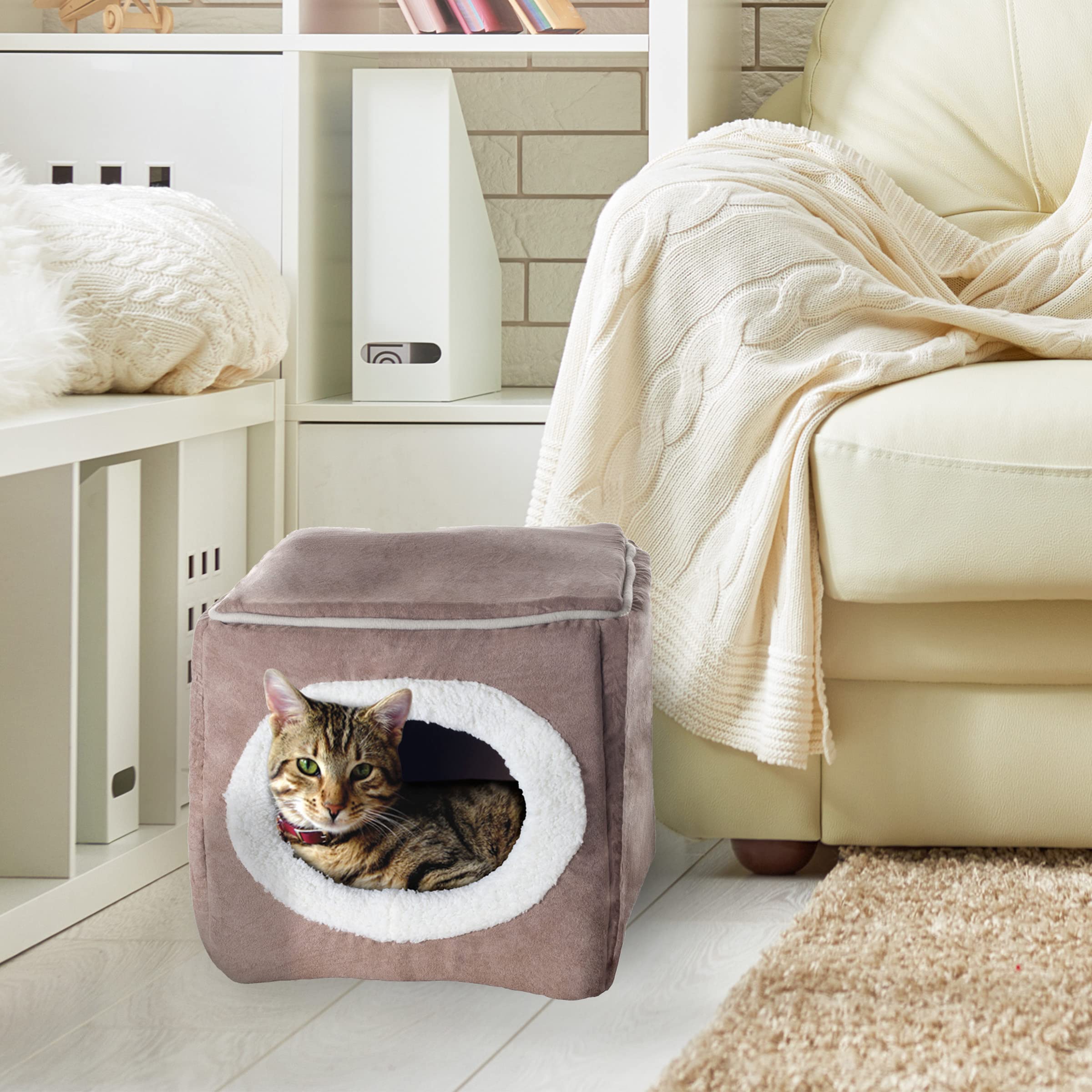 Petmaker Cozy Cave Enclosed Cube Pet Bed - Light Coffee, Medium