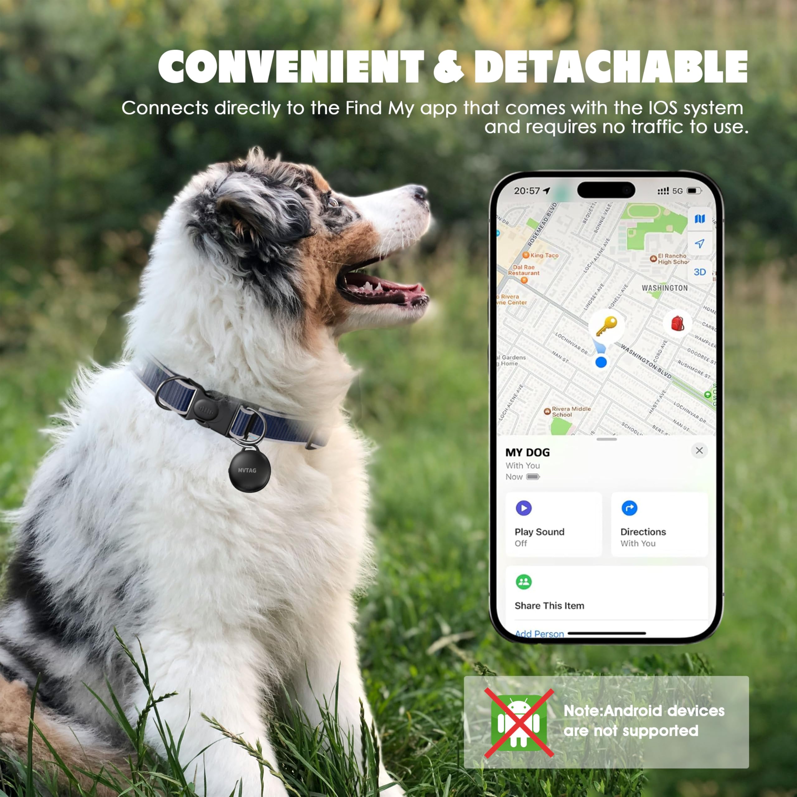 Aoikoy Dog Tracker GPS Collar - Reflective, Waterproof, Real-Time Tracking for Small to Large Dogs, Black, 30-39CM, No Monthly Fee