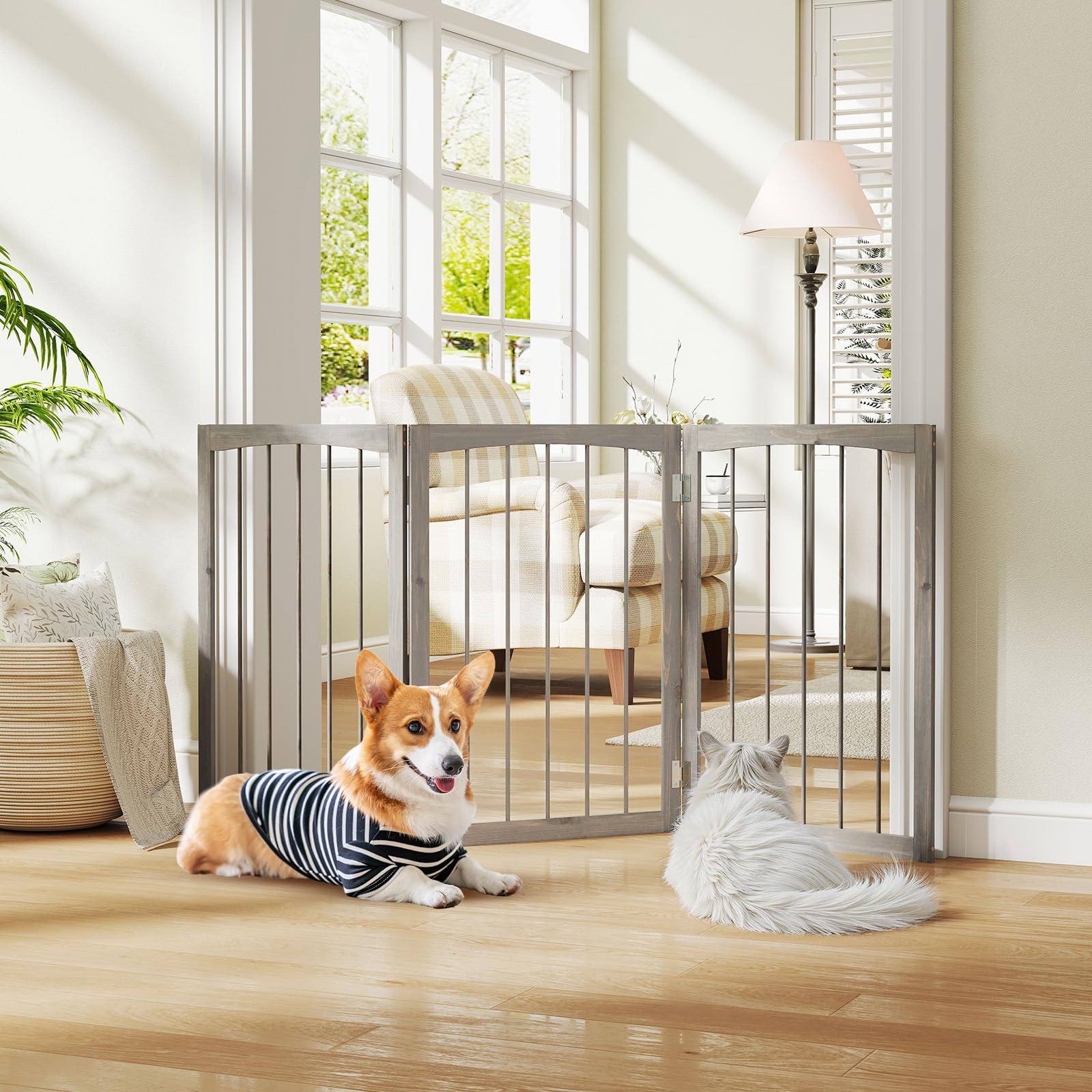 Giantex Freestanding Dog Gate for Small Medium Dogs, 63 W x 30 H Foldable 3-Panel Wooden Pet Gate, No Assembly Required, Indoor