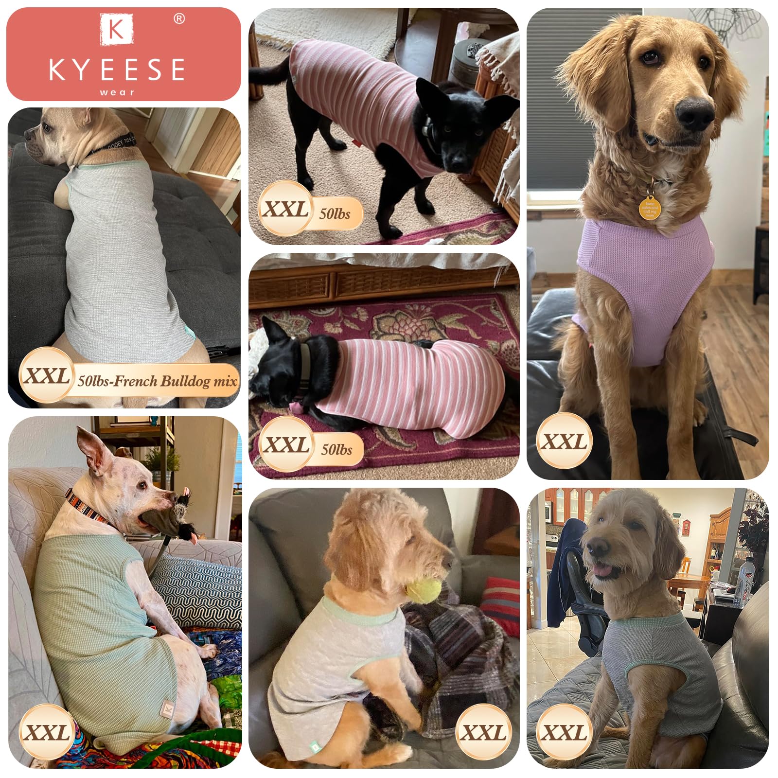 Kyeese 2Pack Dog T-Shirts Waffle, Stretchy T-Shirts, Lightweight Tank Top, Sleeveless Vest, Breathable, Xx-Large, Purple + Grey