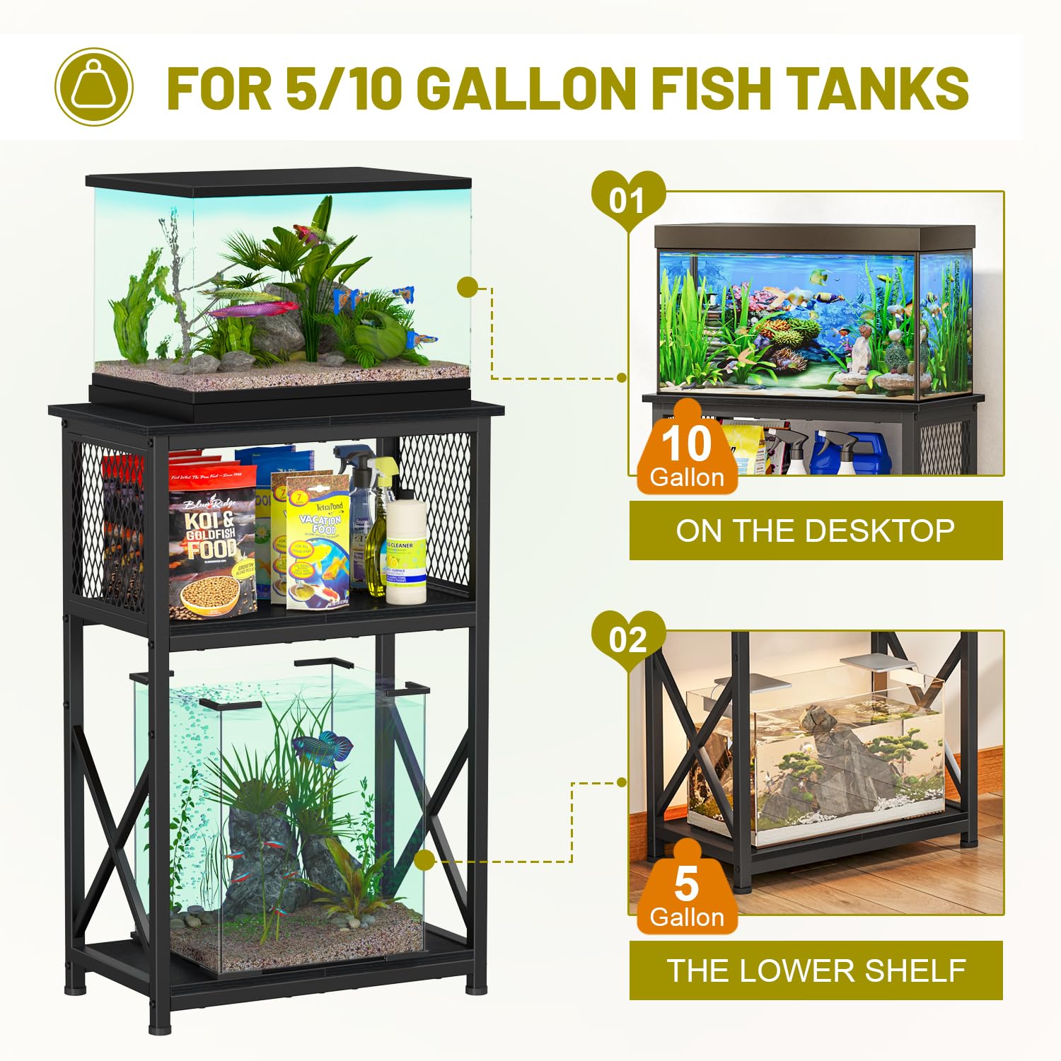 Snughome 10 Gallon Aquarium Stand, Heavy Metal Fish Tank Shelf, 20.47"x11.42"x30.91", Black, Model YGJ003BK
