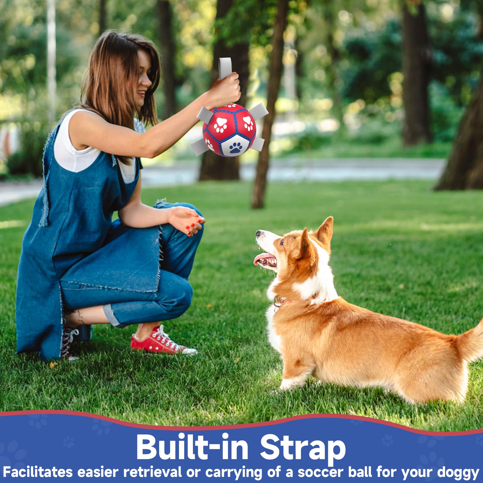 Dog Toys Soccer Ball With Straps,Interactive Dog Balls For Tug Of War, Yard Games, Dog Waterpool Toy, Herding Ball For Small Dog