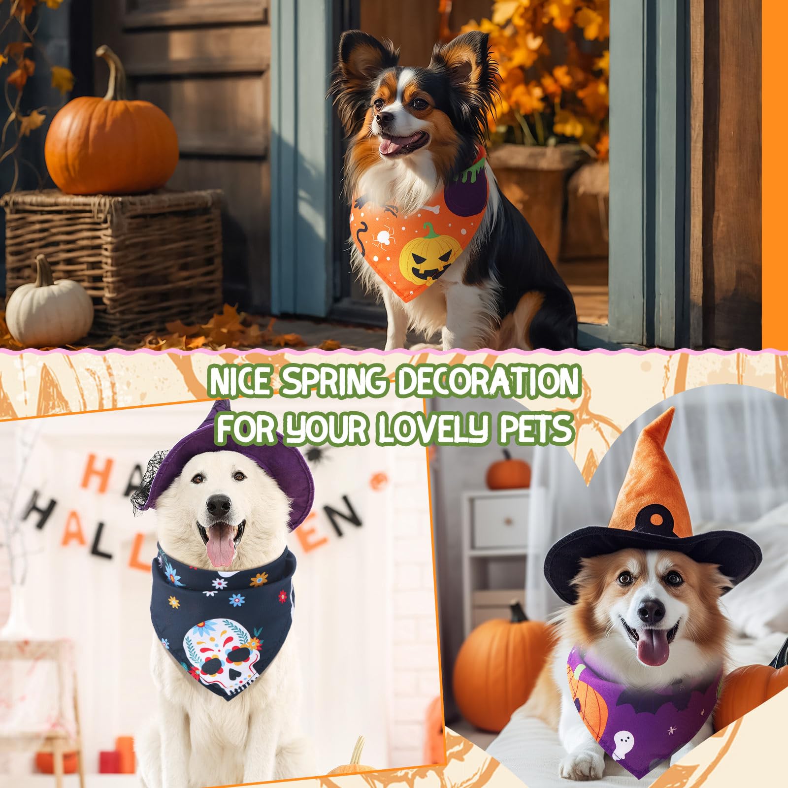 Huhumy 100 Pcs Halloween Dog Bandanas Bulk Pet Bibs Colorful Triangle Scarf Pet Bandanas for Medium Large Dogs Halloween Party C
