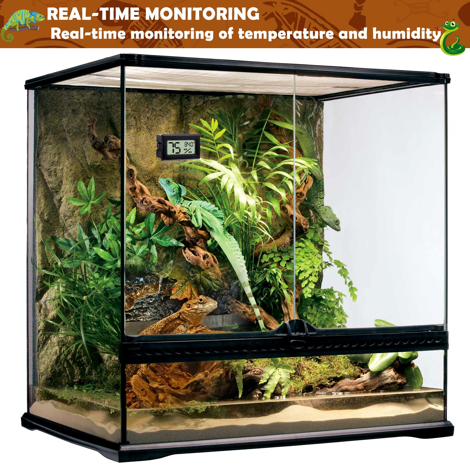 Vodolo Reptile Thermometer And Humidity Gauge,4Pcs Digital Adhesive Reptile Hydrometer Thermomete Tank Accessories Pet Supplies