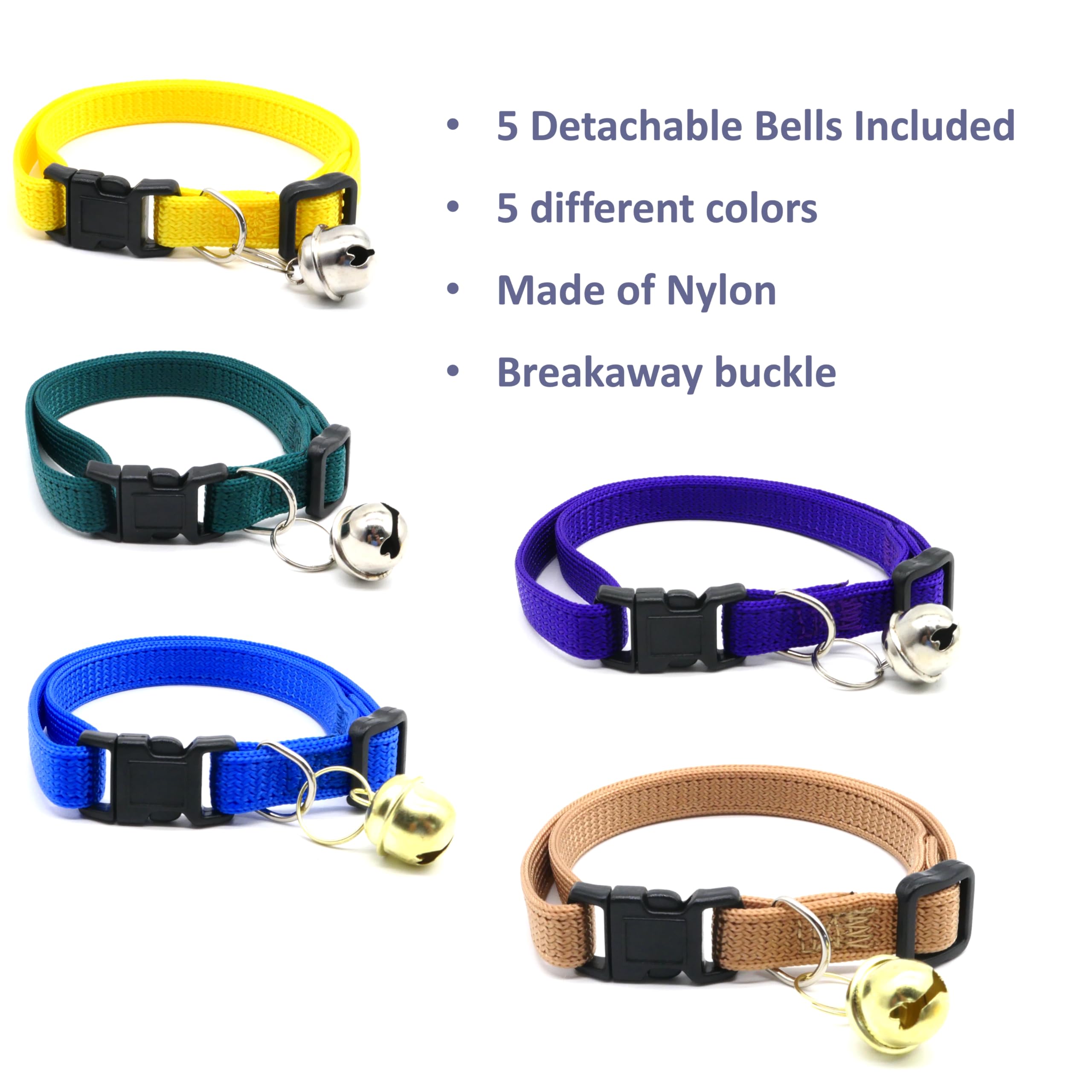 Ela Inc. 5 Pack Breakaway Cat Collars With Detachable Bells Adjustable Soft Kitten Collars For Boys & Girls, Small Pet Safety Co