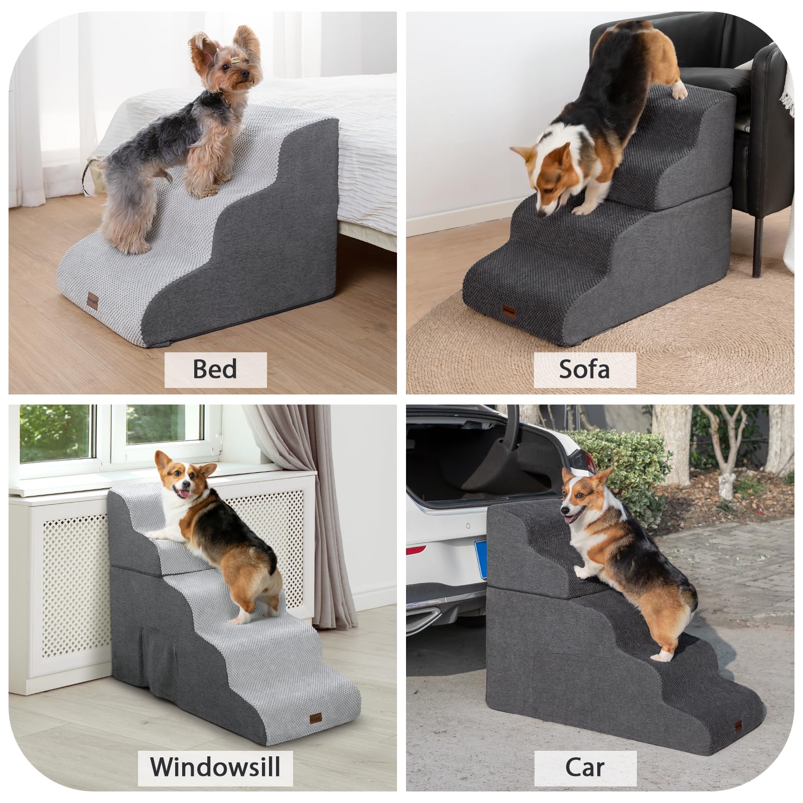 Garnpet Dog Stairs For Couch Sofa And Chair, 3-Step Dog Steps For Small Dogs And Cats, Non-Slip Indoor Pet Step, Light Grey