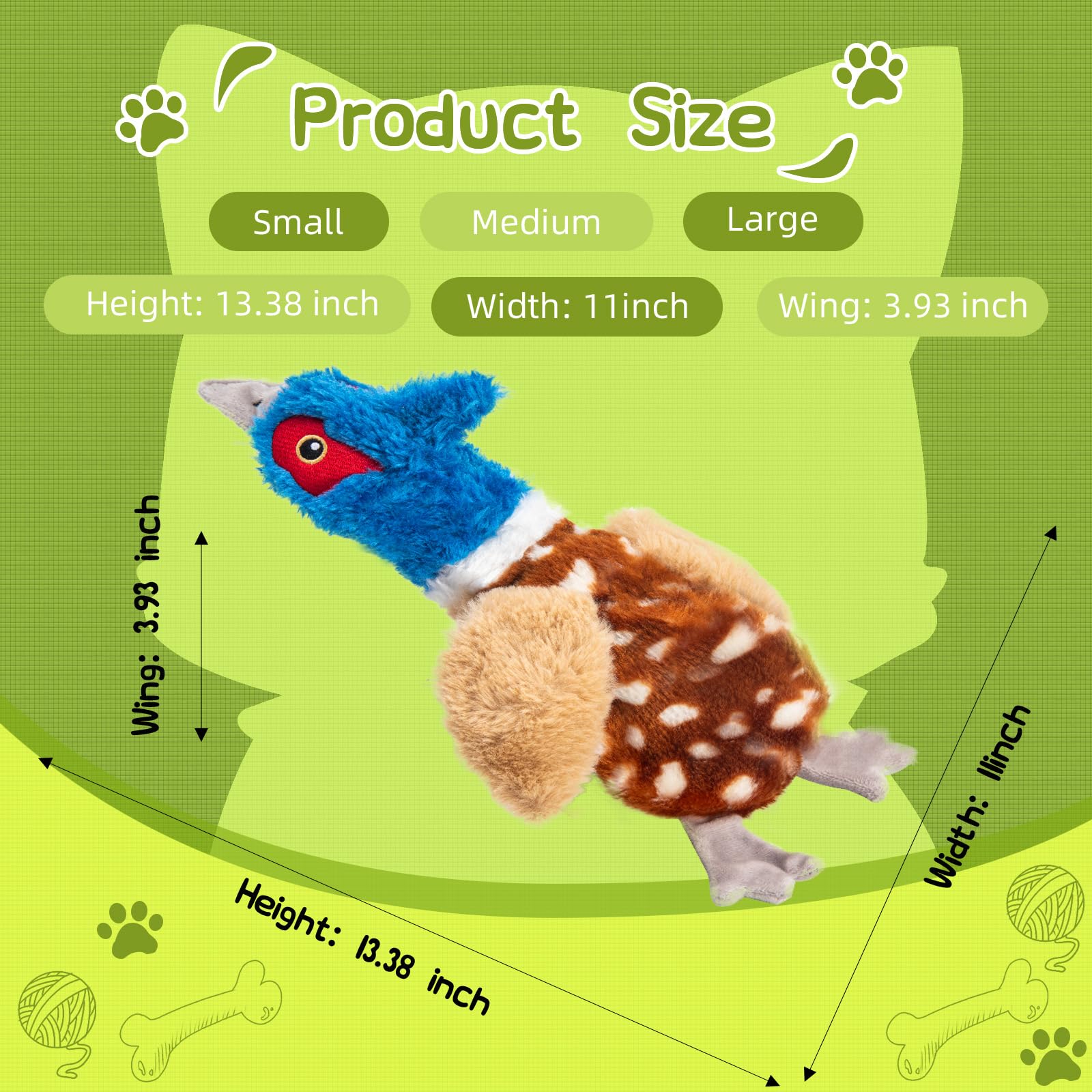 Calibonbon Pheasant Dog Squeaky Toy - Chew Proof Plush for Aggressive Chewers, 4 Squeakers, Blue & Brown, Model YPK