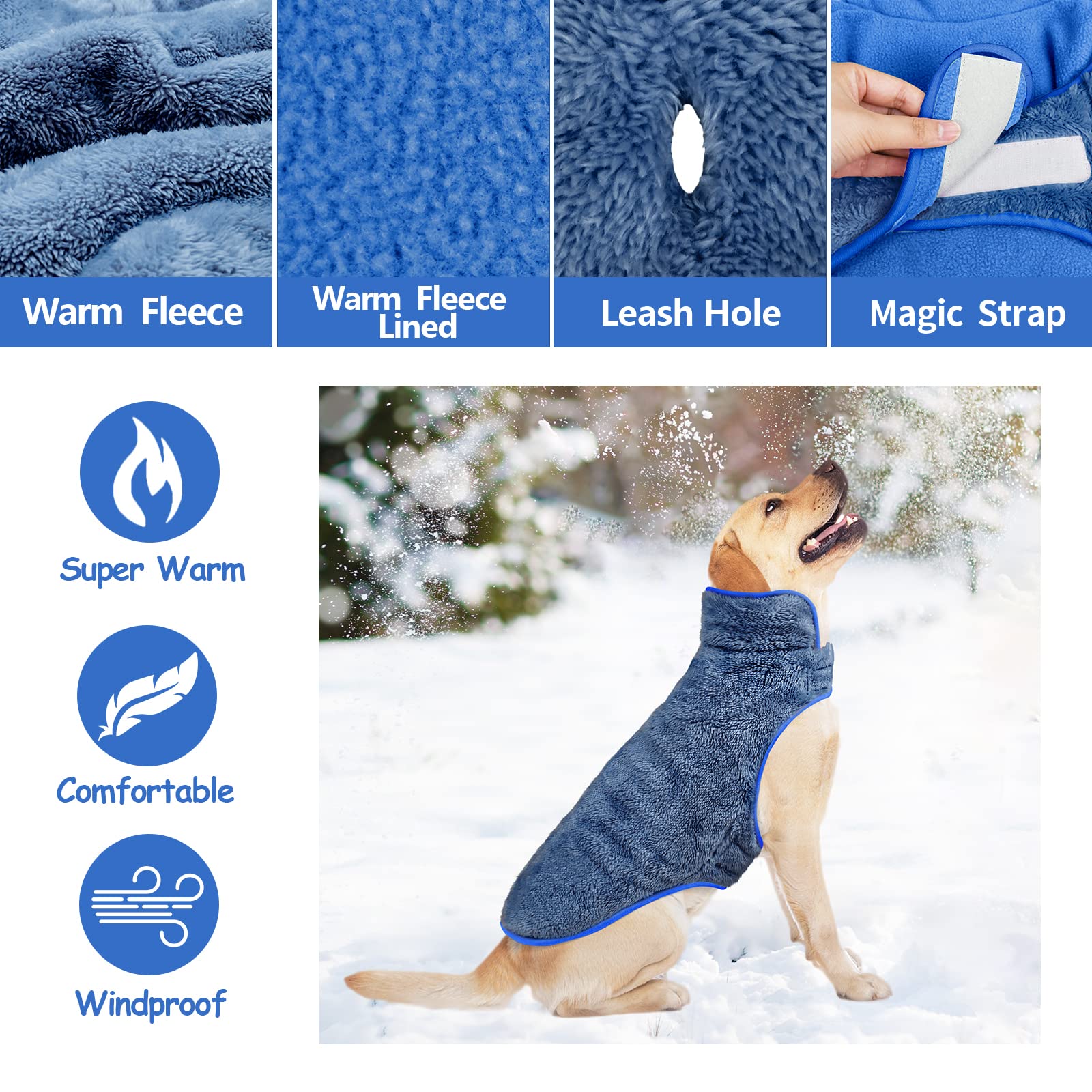 Malier Reversible Fleece Dog Coat, Windproof Warm Jacket For Dogs, Snow Vest - Blue, Small