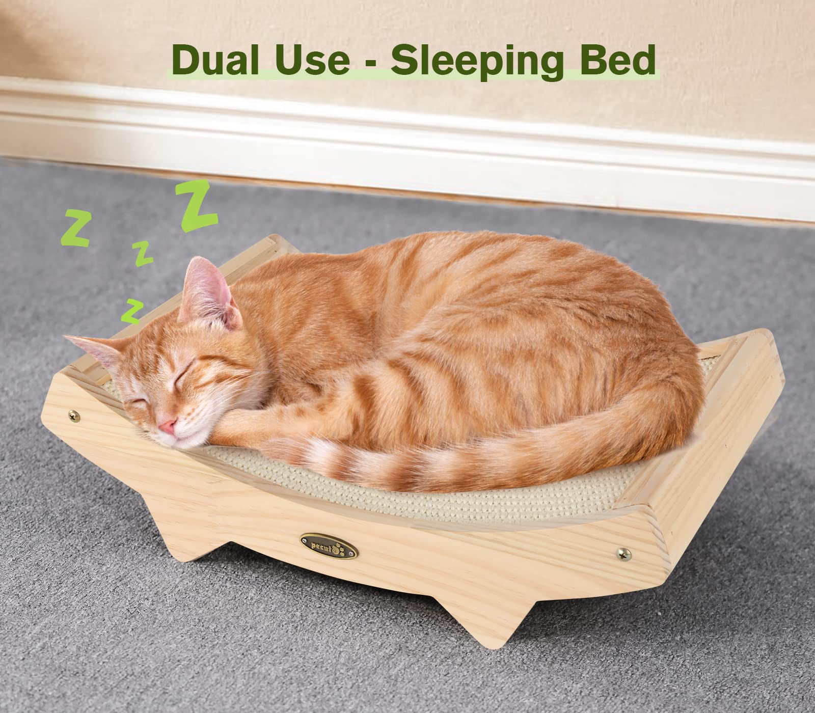 Pecute Cat Scratcher - Double-Sided Sisal Pad, 16.5x10.8in, Durable Wooden Structure, Beige