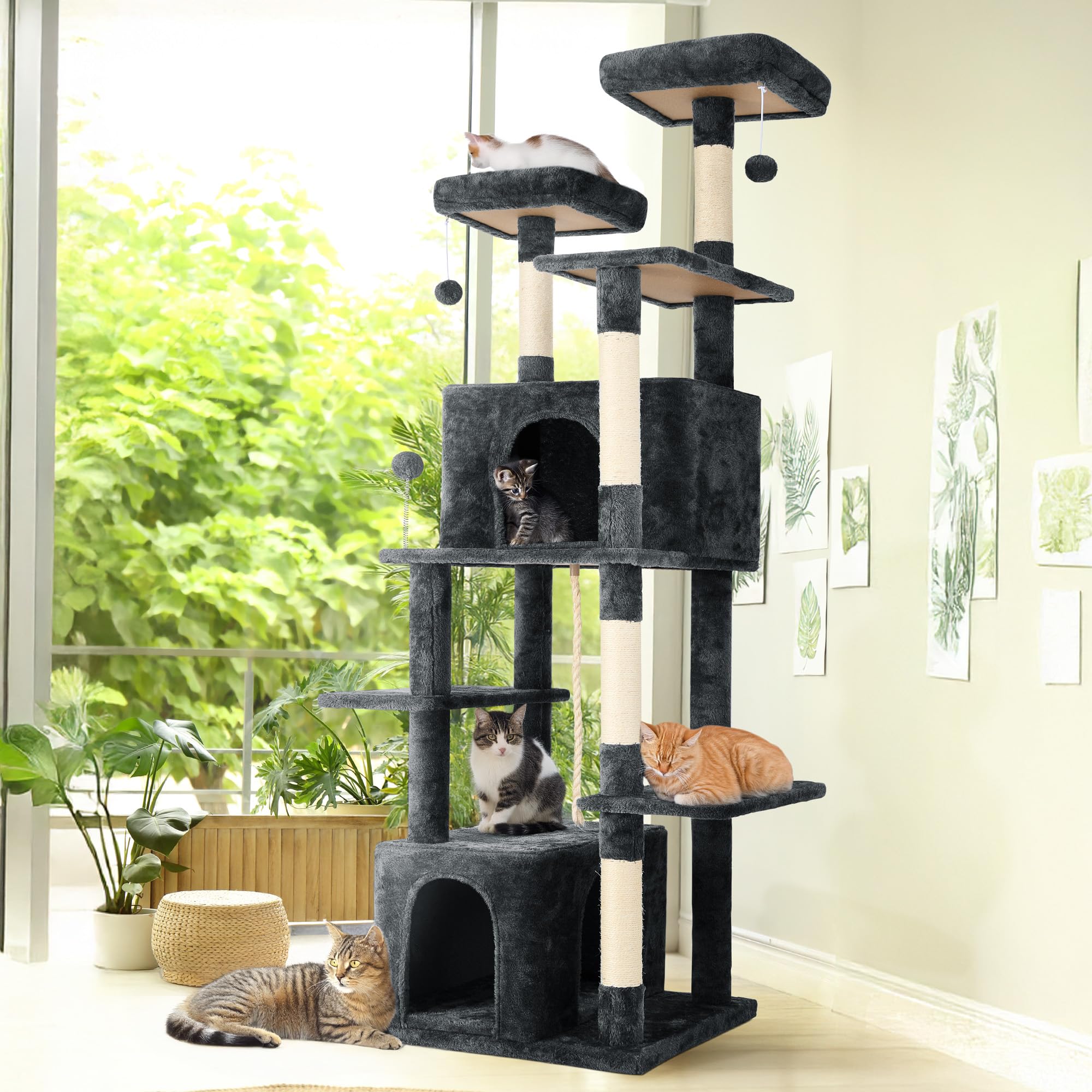TSCOMON 69-Inch Tall Cat Tree with Huge Condos, Multi-Functional Cat Tower with Top Perches, Scratching Posts, Pompoms, for Clim