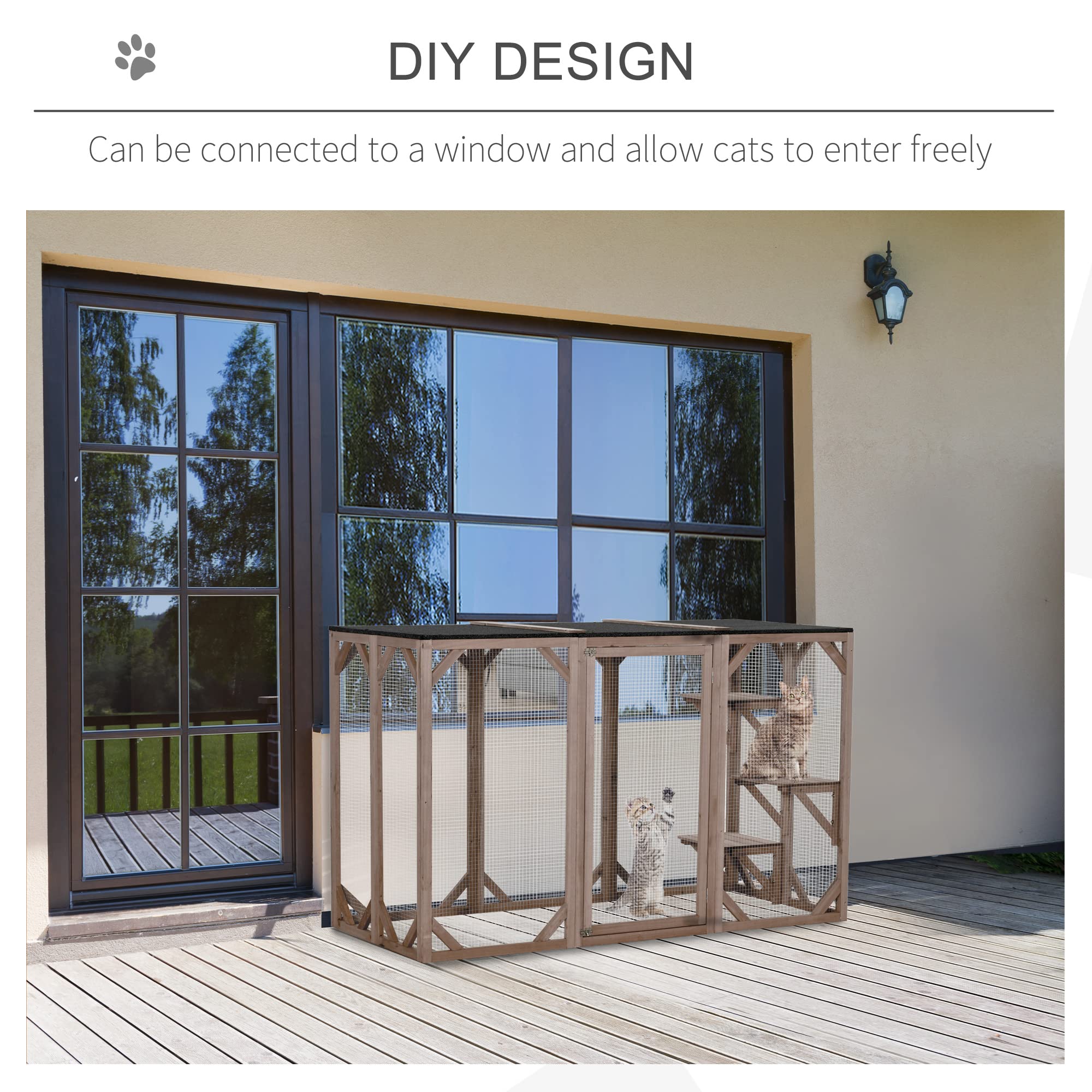 Pawhut Outdoor Cat House, Catio Wooden Feral Cat Shelter, Cat Cage With Platforms, Large Enter Door, Weather Protection Asphalt Roof, 71' L, Brown
