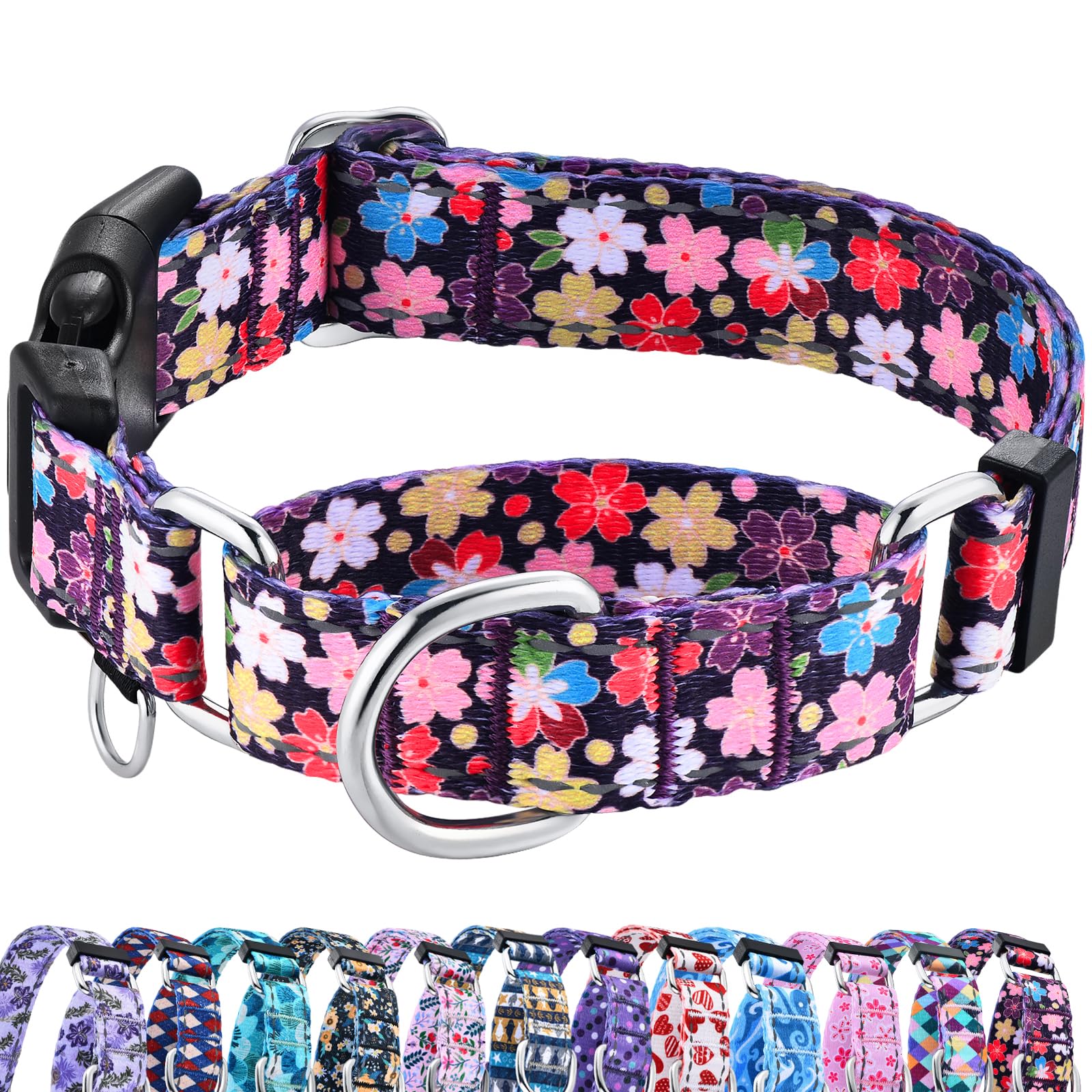 Fidohug Reflective Martingale Collar For Dogs With Buckle Pretty Fancy Female Floral Dog Collars (Japanese Blossoms, Large)