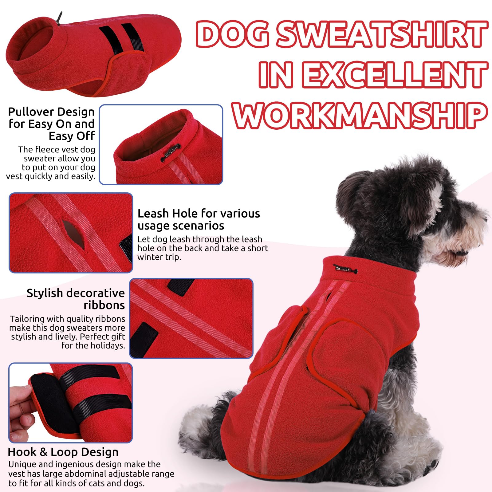 Queenmore Medium Dog Sweaters, Soft Fleece Vest Pullover Dog Jacket with Leash Hole, Warm Winter Dog Clothes Cold Weather Doggy