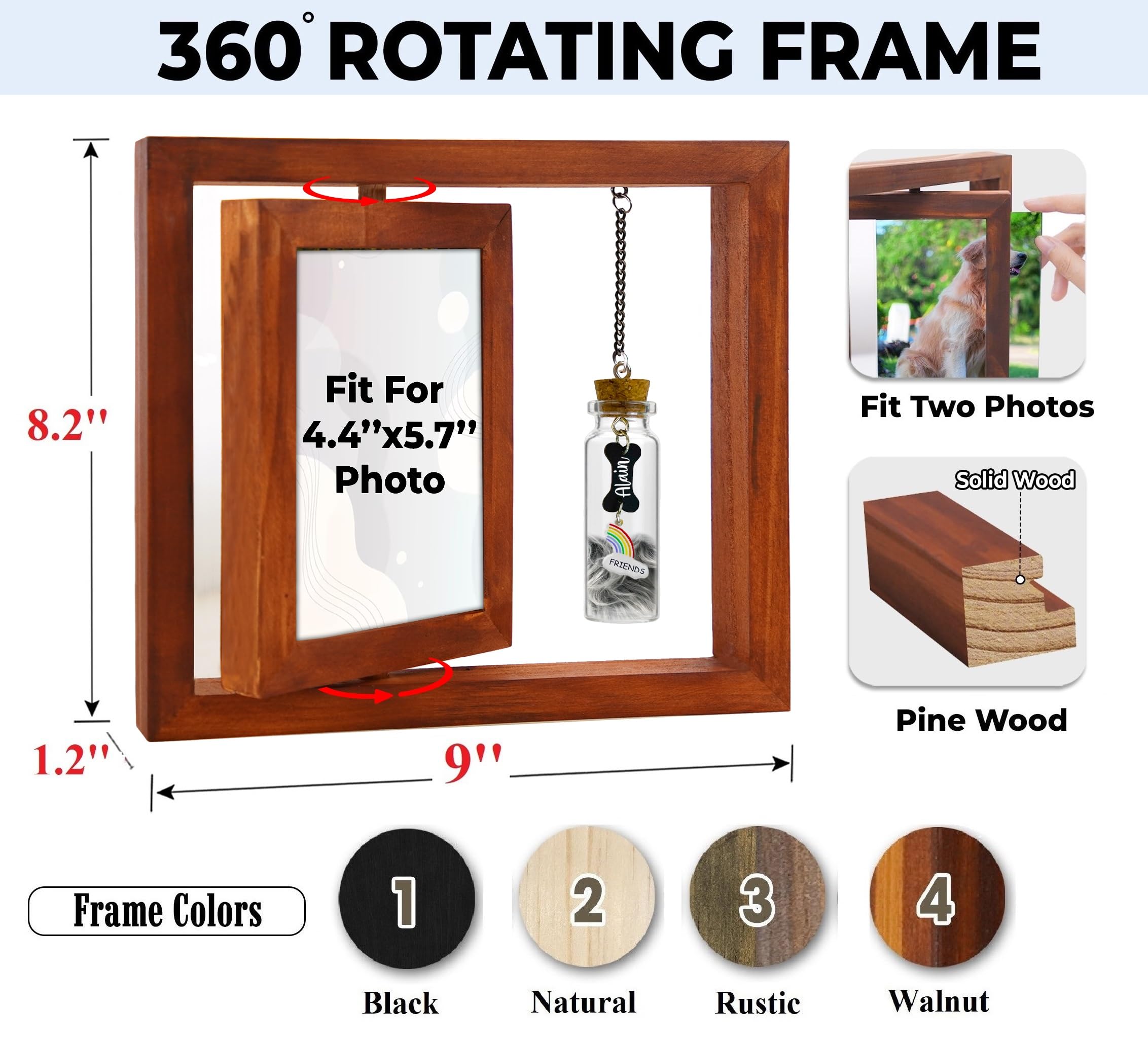 Vinatimes Wooden Rotating Pet Memorial Frame, 4x6, Walnut, Cat/Dog Keepsake, In Loving Memory, Heart Tag, Fur Jar, Sympathy Gift