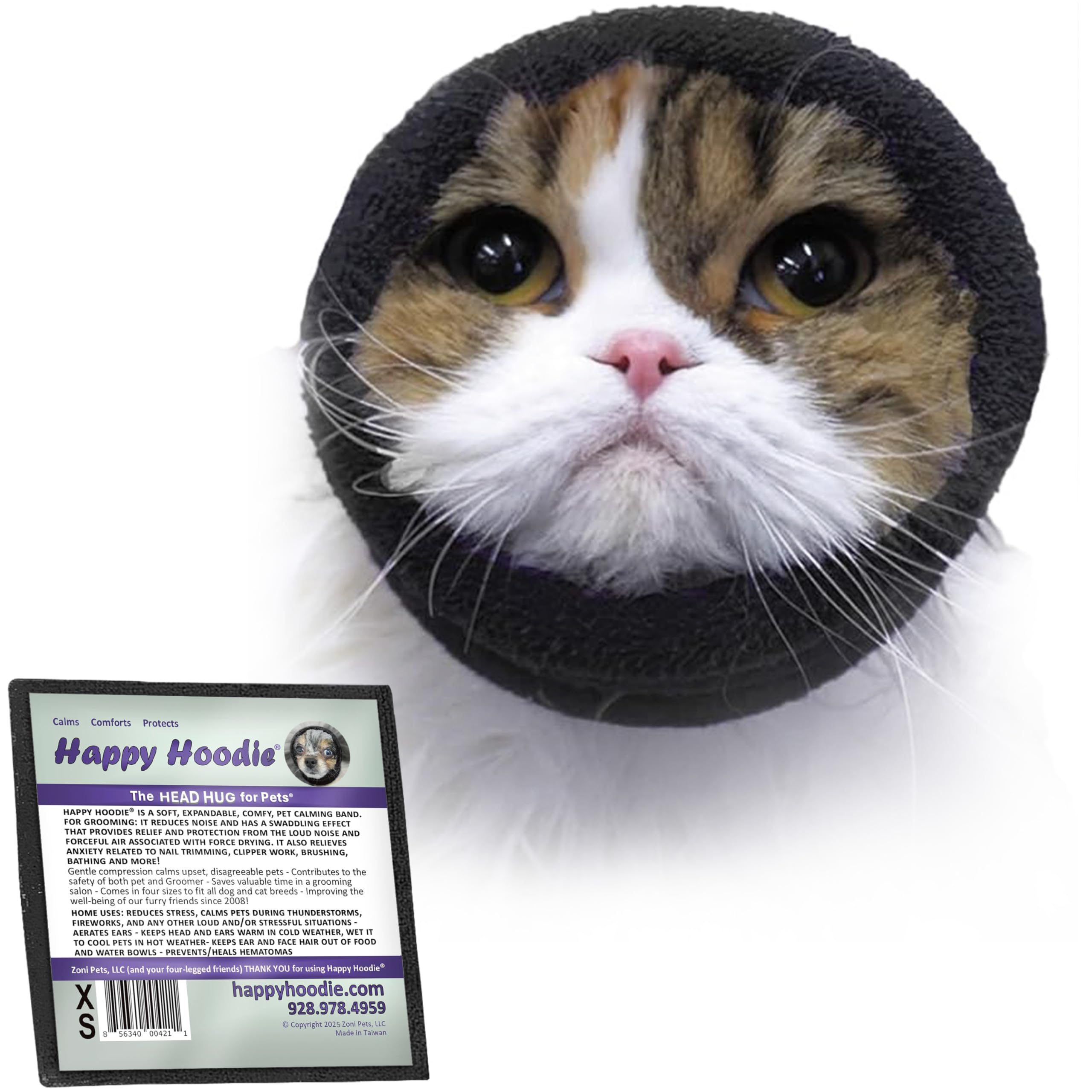 Happy Hoodie The Original Dog & Cat Calming Band, Anxiety Relief/Noise Protection-Grooming-Thunder-Fireworks (Xs, Black)