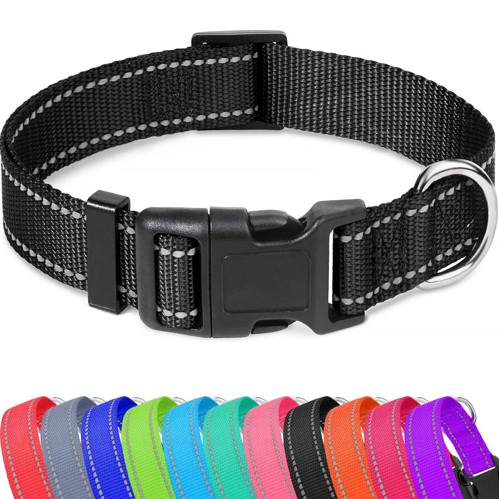 Taglory Reflective Adjustable Dog Collars For Puppy Small Medium Large Dogs, Thin Nylon Webbing And Quick Release Plastic Buckle(Black Medium)