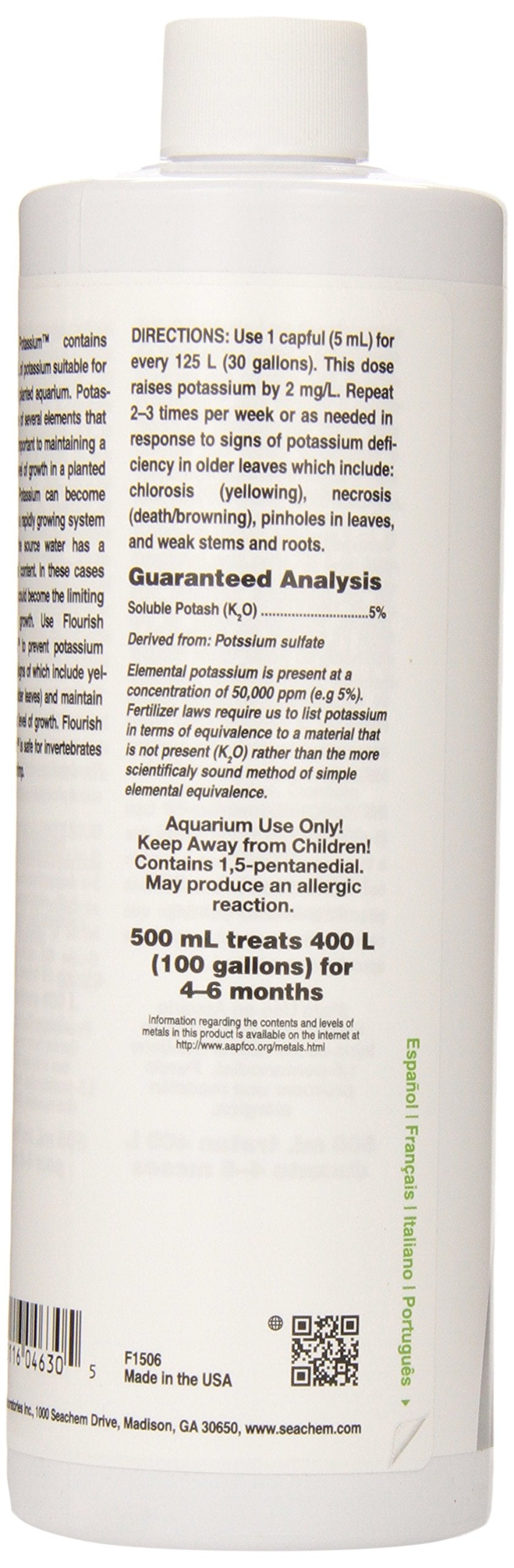Seachem Flourish Potassium 500ml - Essential Plant Nutrient, One Size, White, Promotes Healthy Aquatic Growth