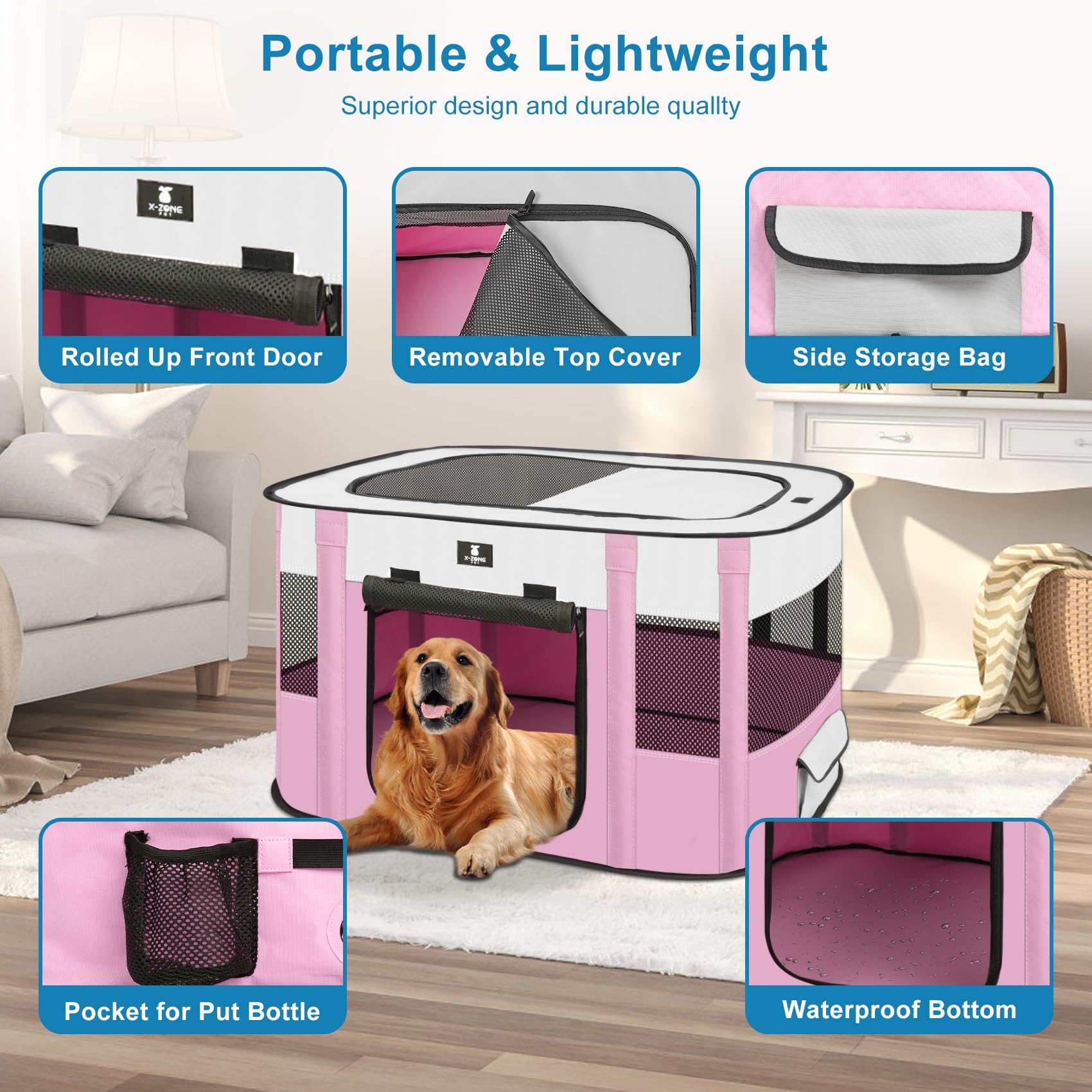 X-ZONE PET Dog Playpen, Puppy Cat Play Pen Portable Foldable Indoor/Outdoor Tent Crate Cage, Portable Pet Crate Medium Size Pink